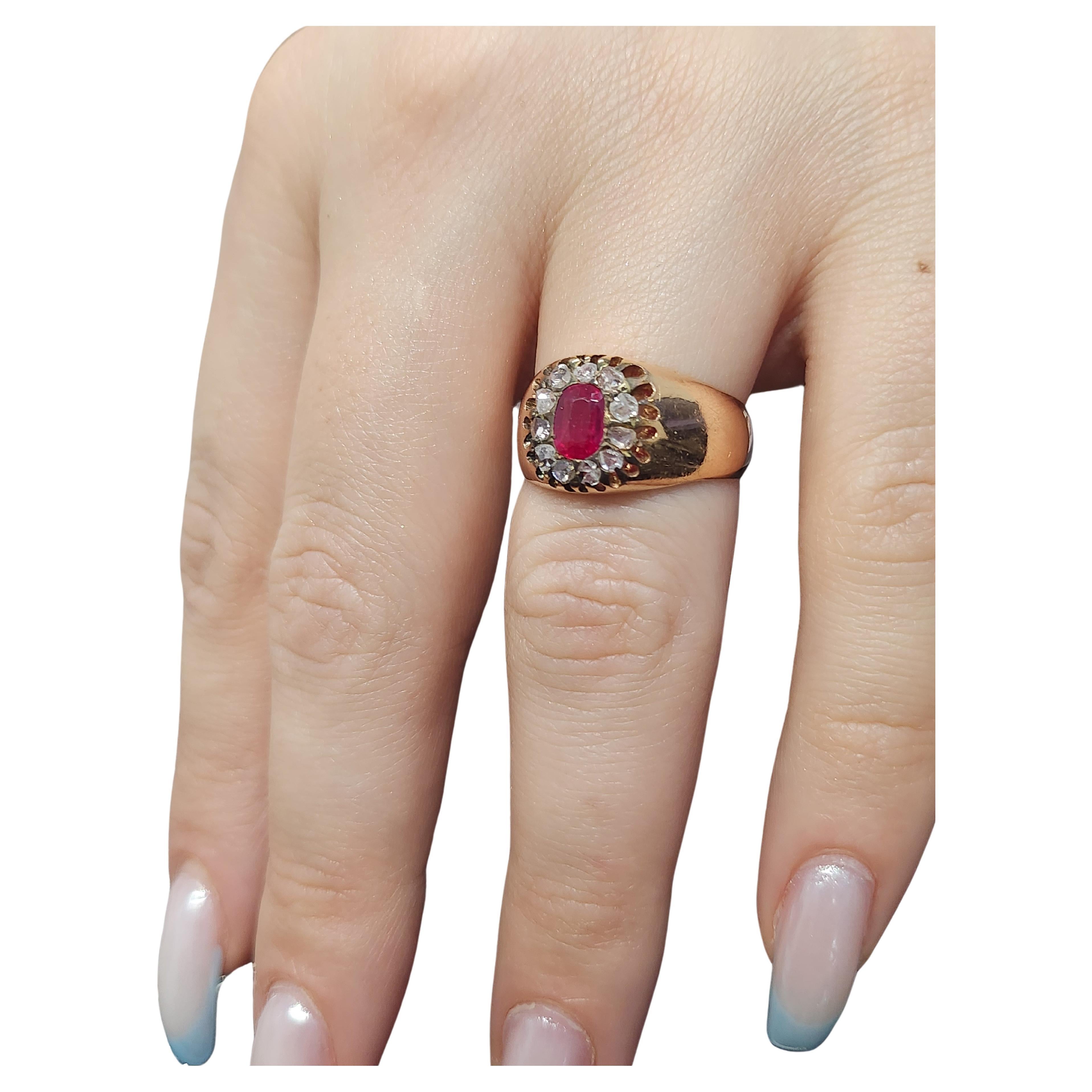 Women's or Men's Antique Ruby And Rose Cut Diamond Russian Gold Ring For Sale
