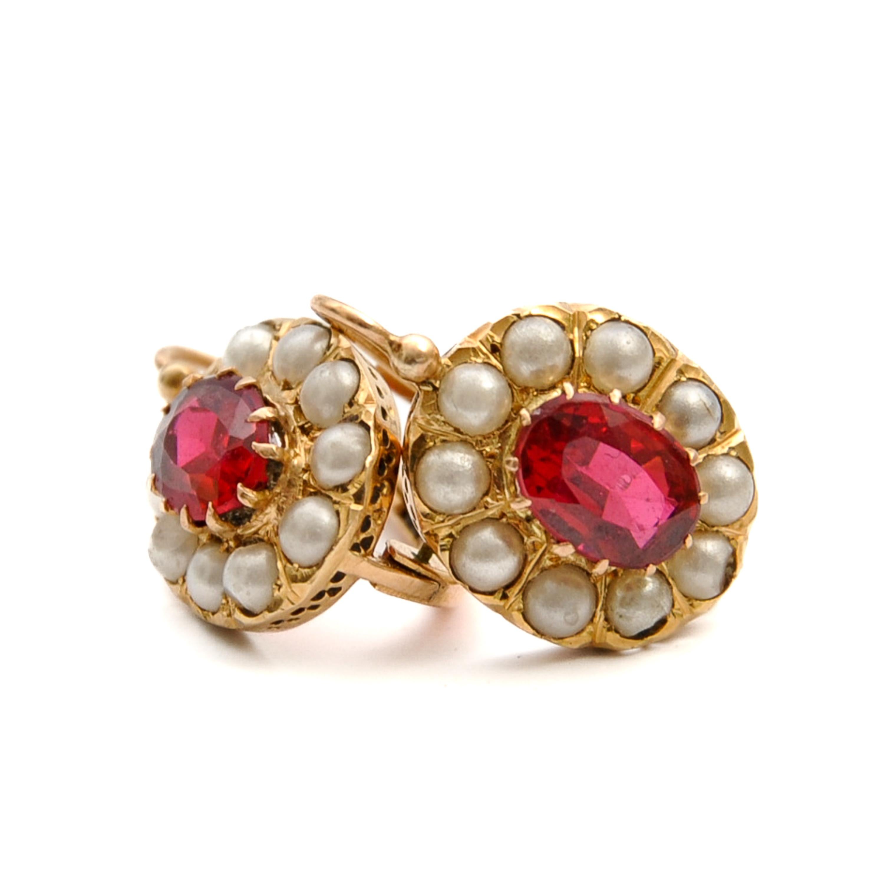 Late Victorian Antique Ruby and Seed Pearl Earrings For Sale