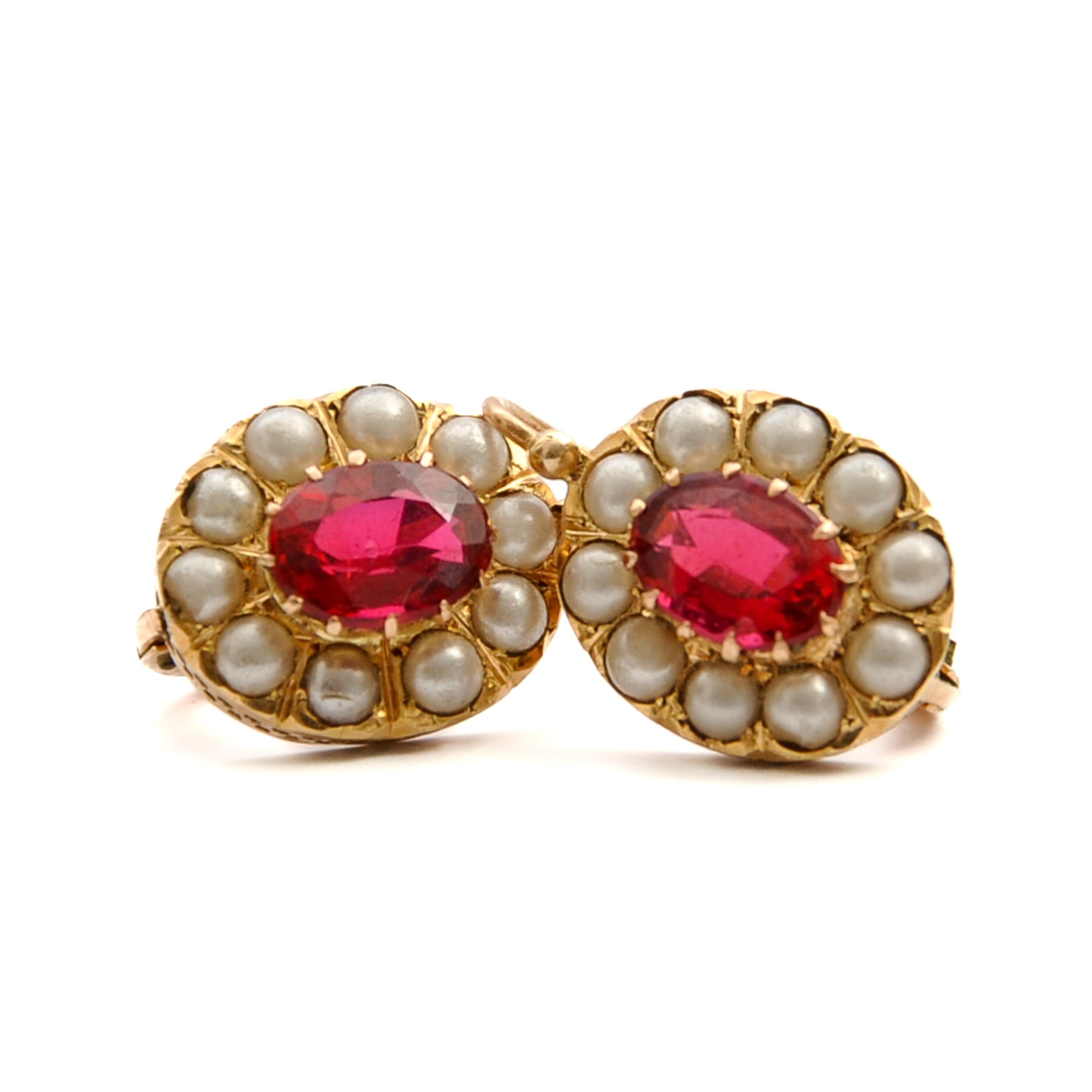 Oval Cut Antique Ruby and Seed Pearl Earrings For Sale