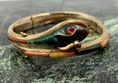 Antique Ruby, Bloodstone, Carnelian, Moss Agate 14K Yellow Gold Snake Bracelet