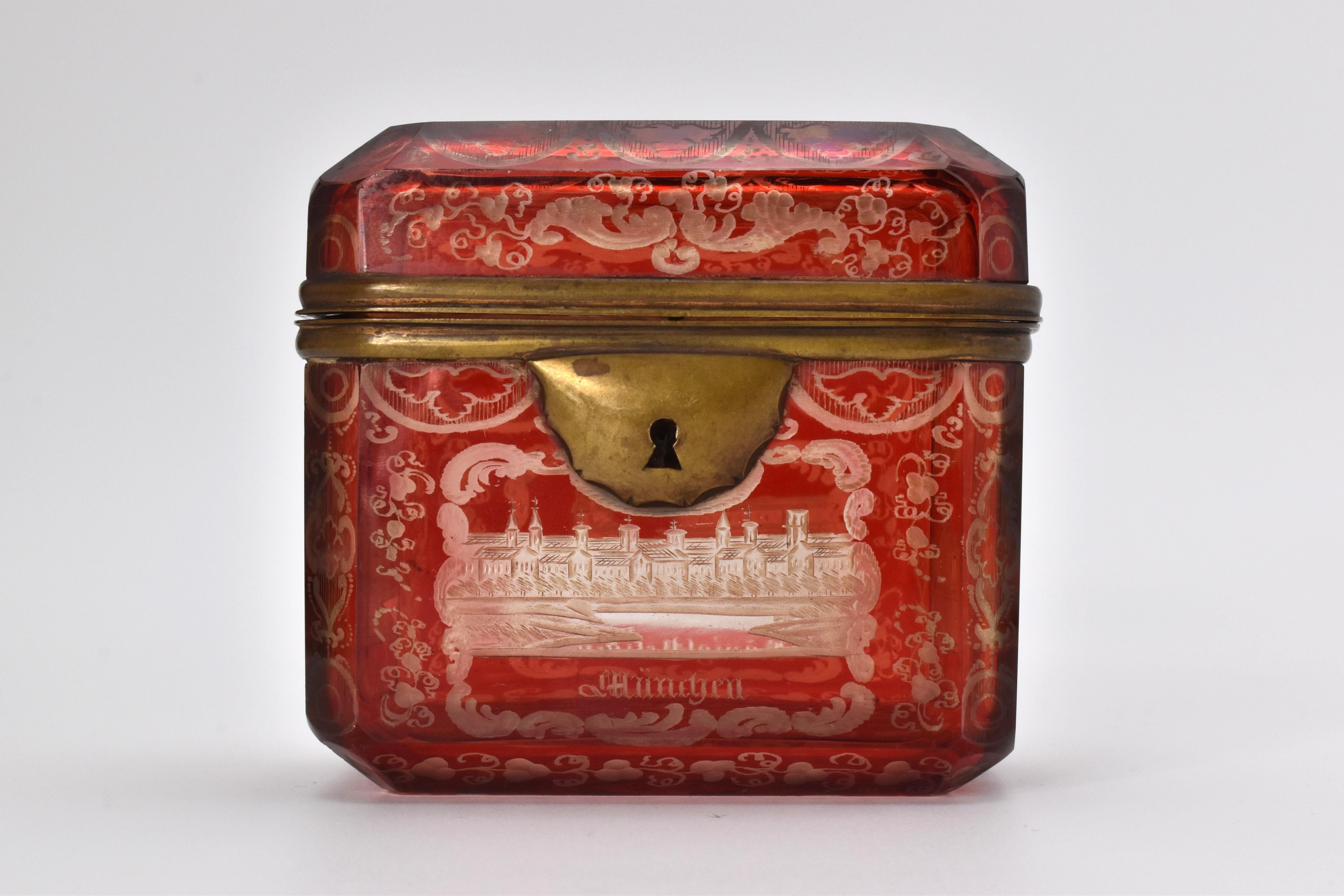 Hand-Crafted Antique Ruby Bohemian Cut Glass Crystal Jewelry Casket Box, 19th Century