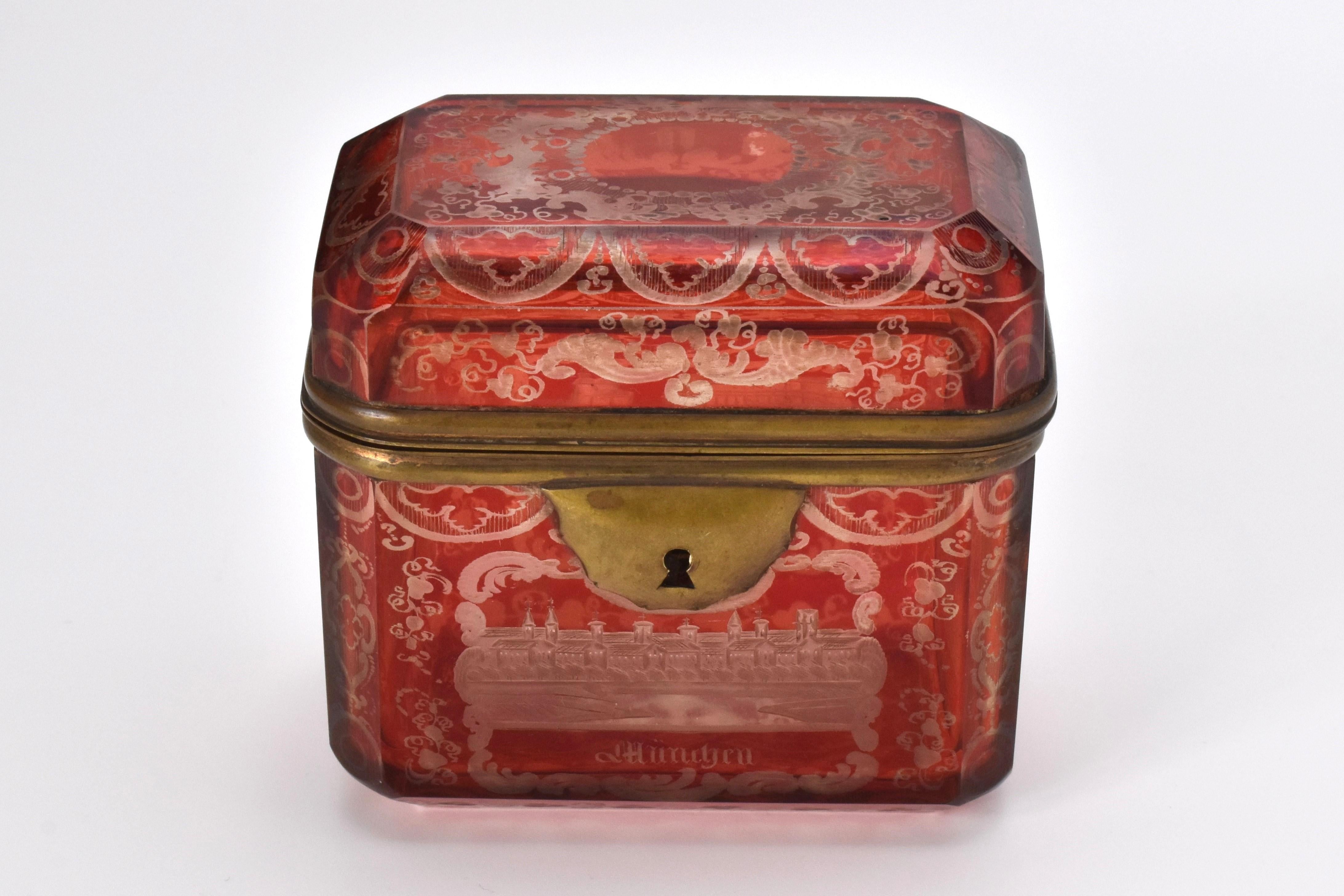 Antique Ruby Bohemian Cut Glass Crystal Jewelry Casket Box, 19th Century In Good Condition In Rostock, MV