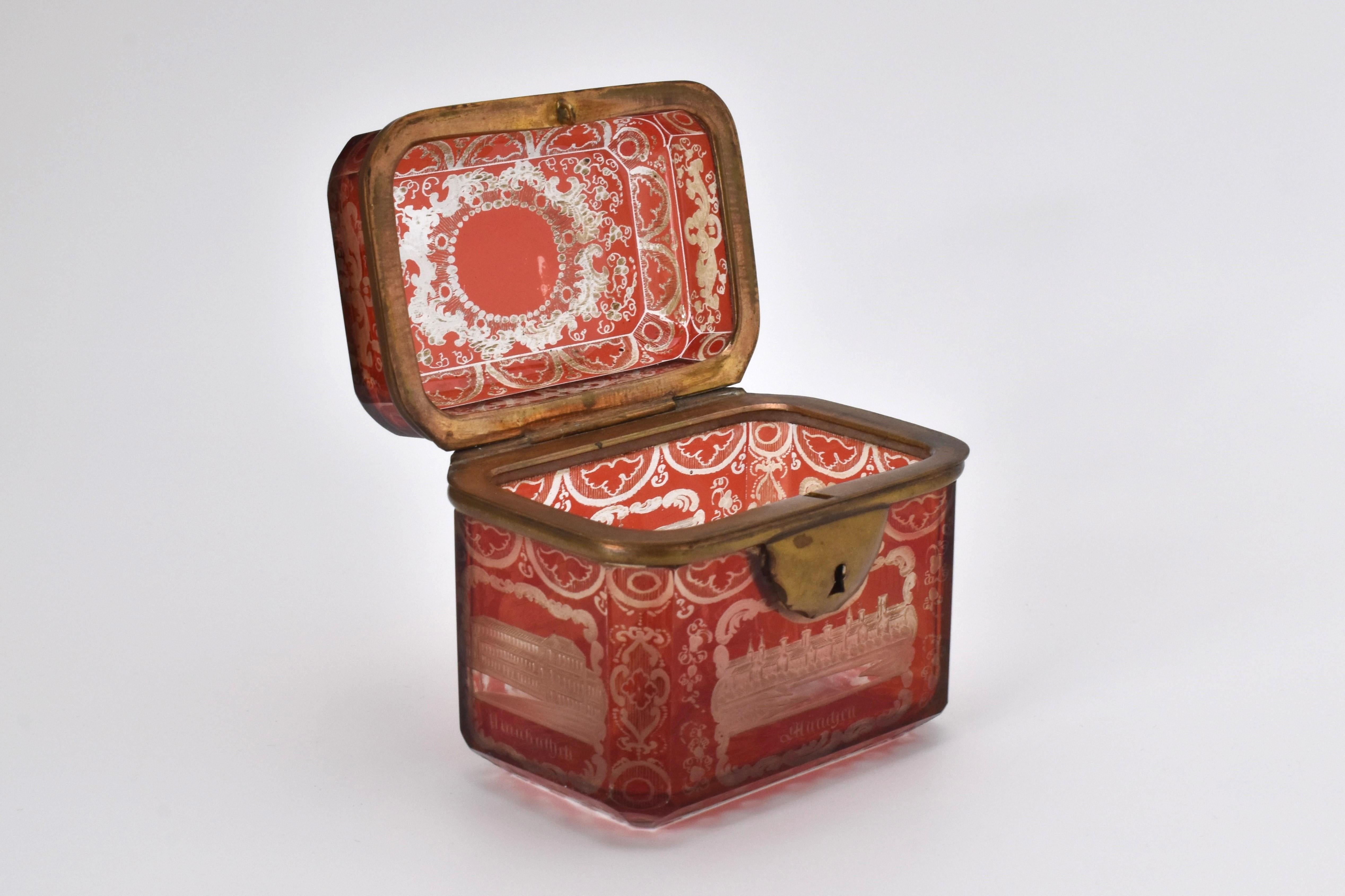 Bronze Antique Ruby Bohemian Cut Glass Crystal Jewelry Casket Box, 19th Century