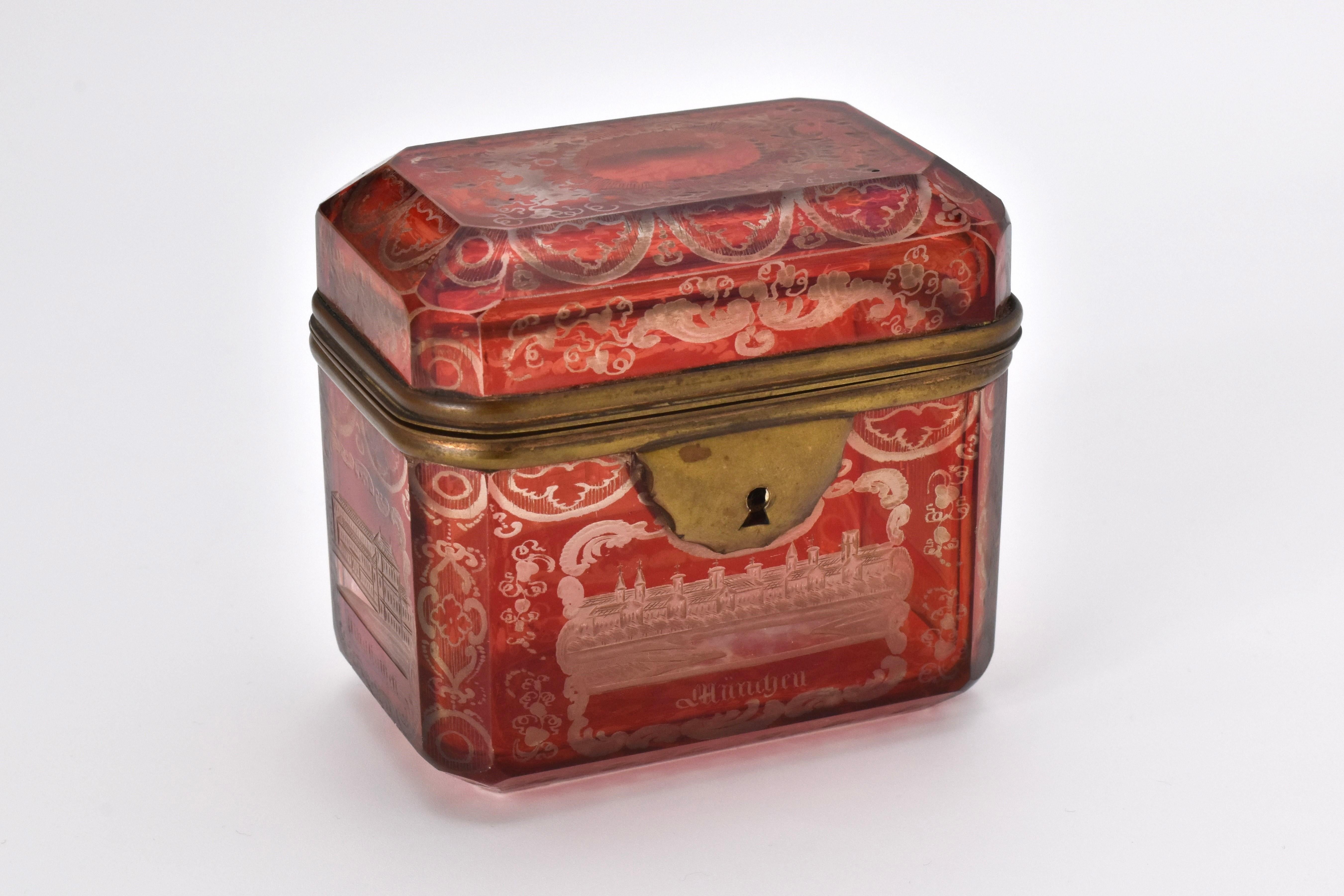Antique Ruby Bohemian Cut Glass Crystal Jewelry Casket Box, 19th Century 1