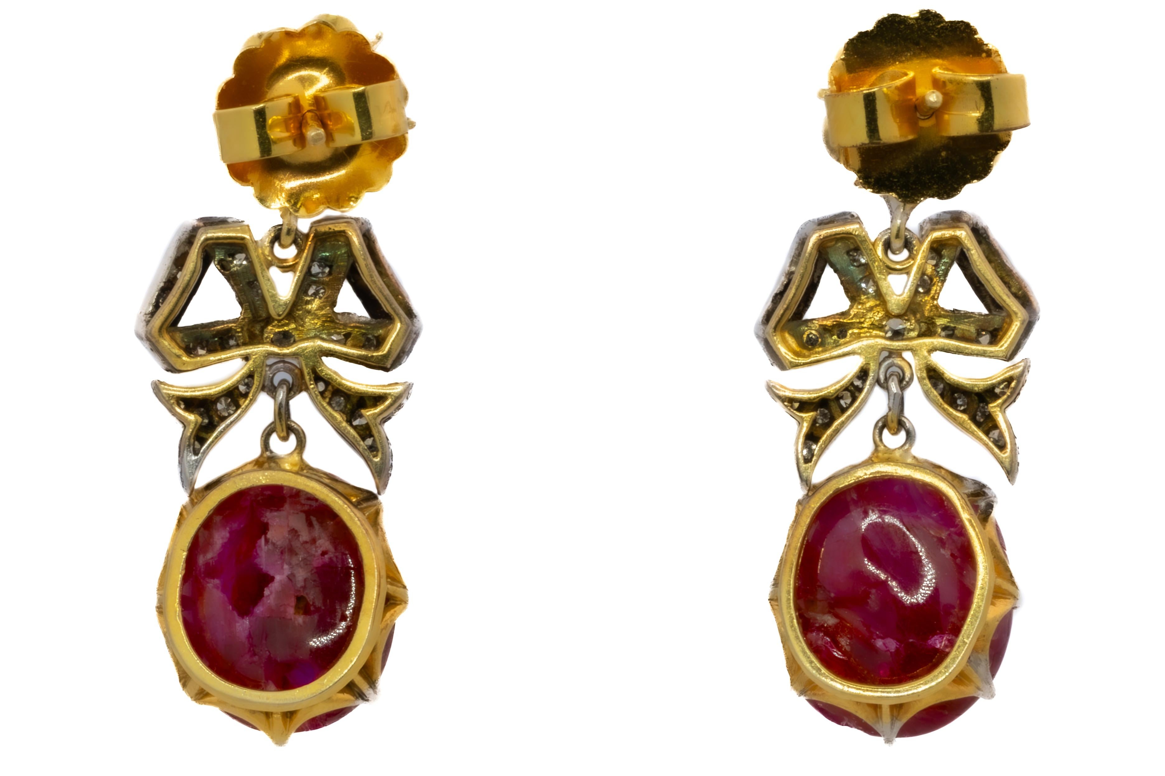 Art Deco Antique Ruby Cabochon and Diamond Bow Drop Earrings For Sale