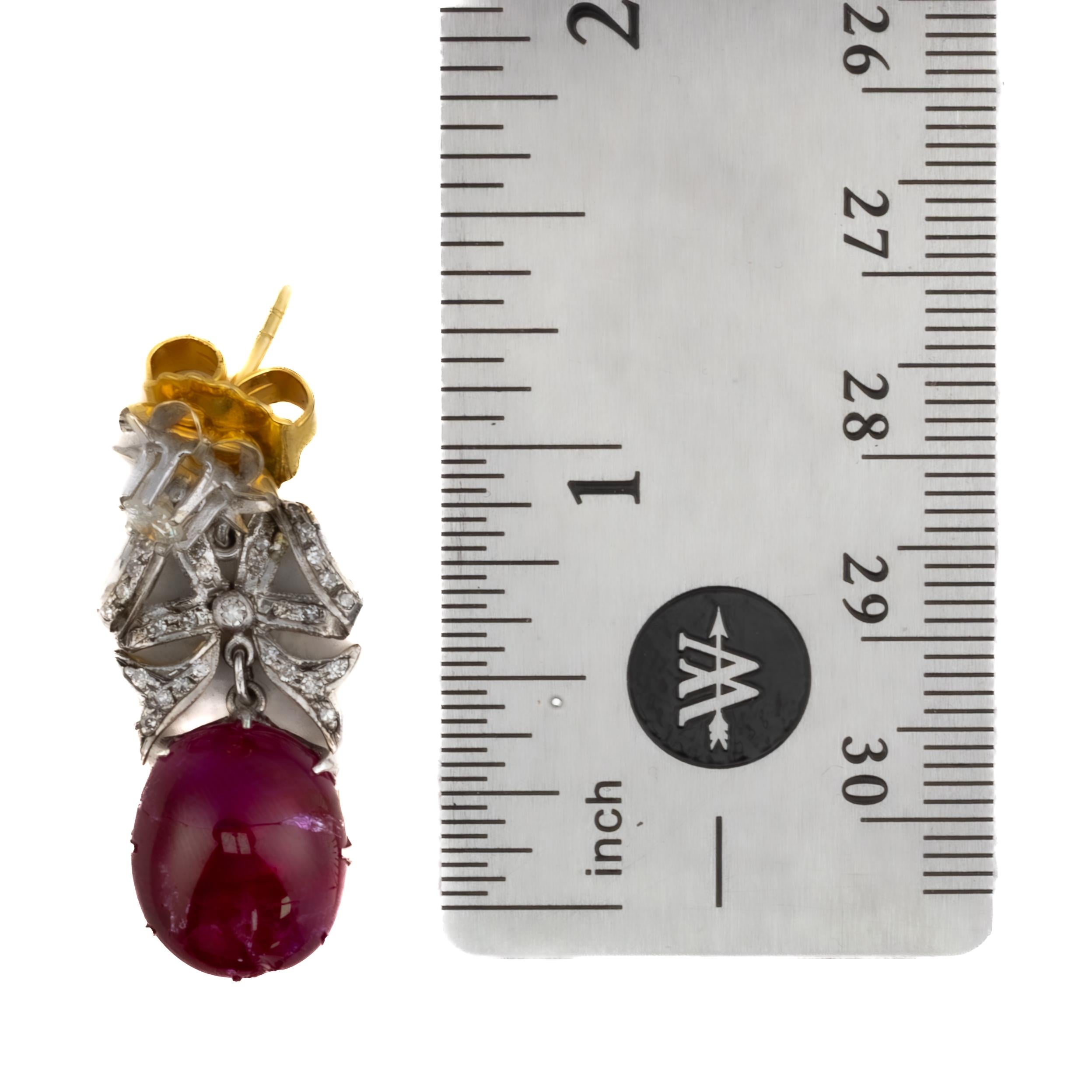 Round Cut Antique Ruby Cabochon and Diamond Bow Drop Earrings For Sale