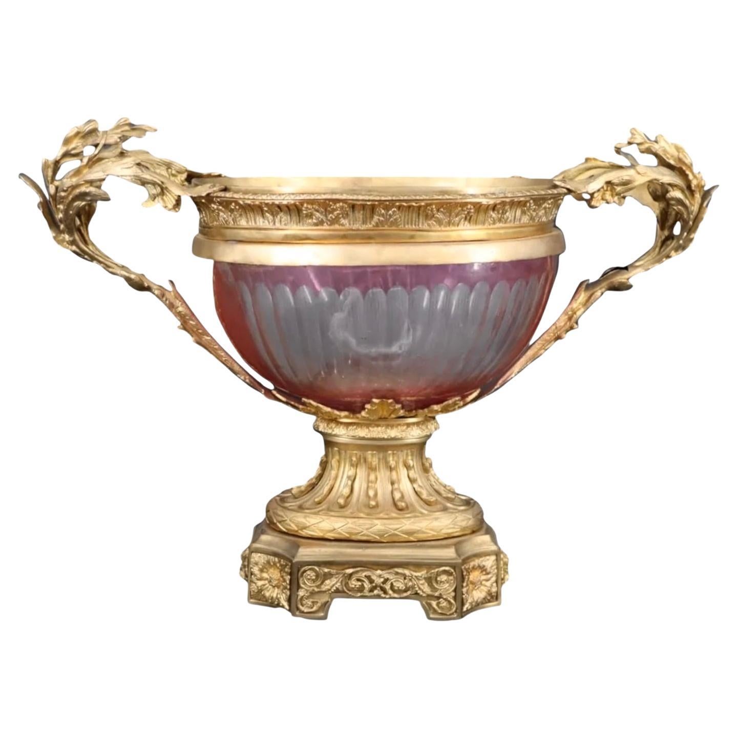 Antique Ruby Cut-to-Clear Glass and Gilt Bronze Centerpiece Bowl