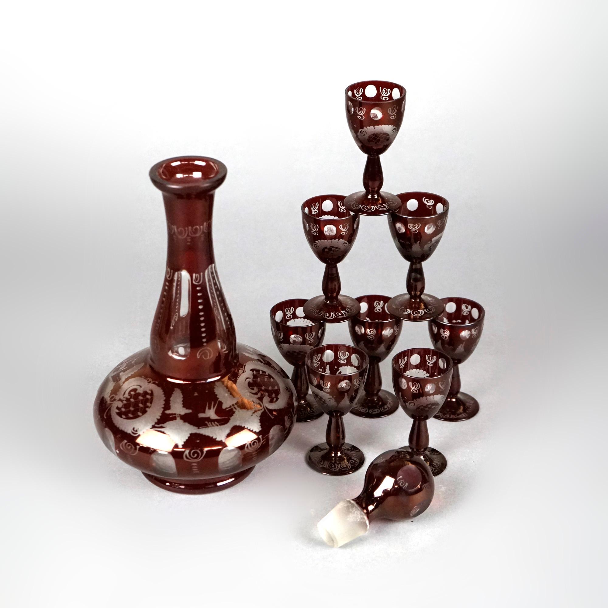 Antique Ruby Cut-to-Clear Glass Liquor Decanter & Cordials Circa 1930 In Good Condition For Sale In Big Flats, NY