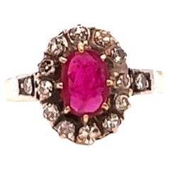 Antique Ruby Diamond 14 Karat Yellow Gold Silver Cluster Ring