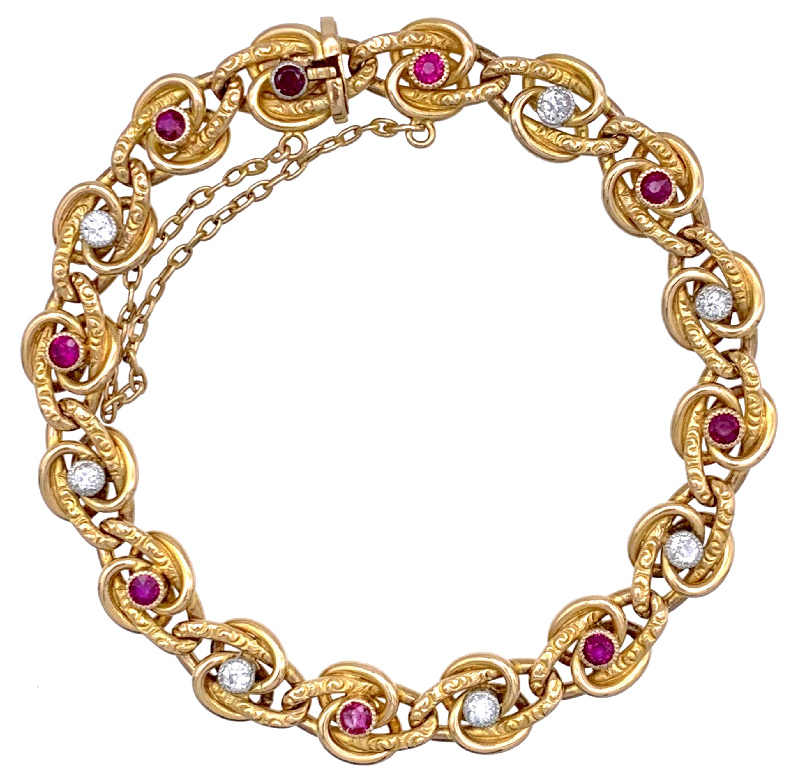 Bracelet à maillons d'éternité français ancien en or 18 carats, rubis, diamants et platine avec nœuds 