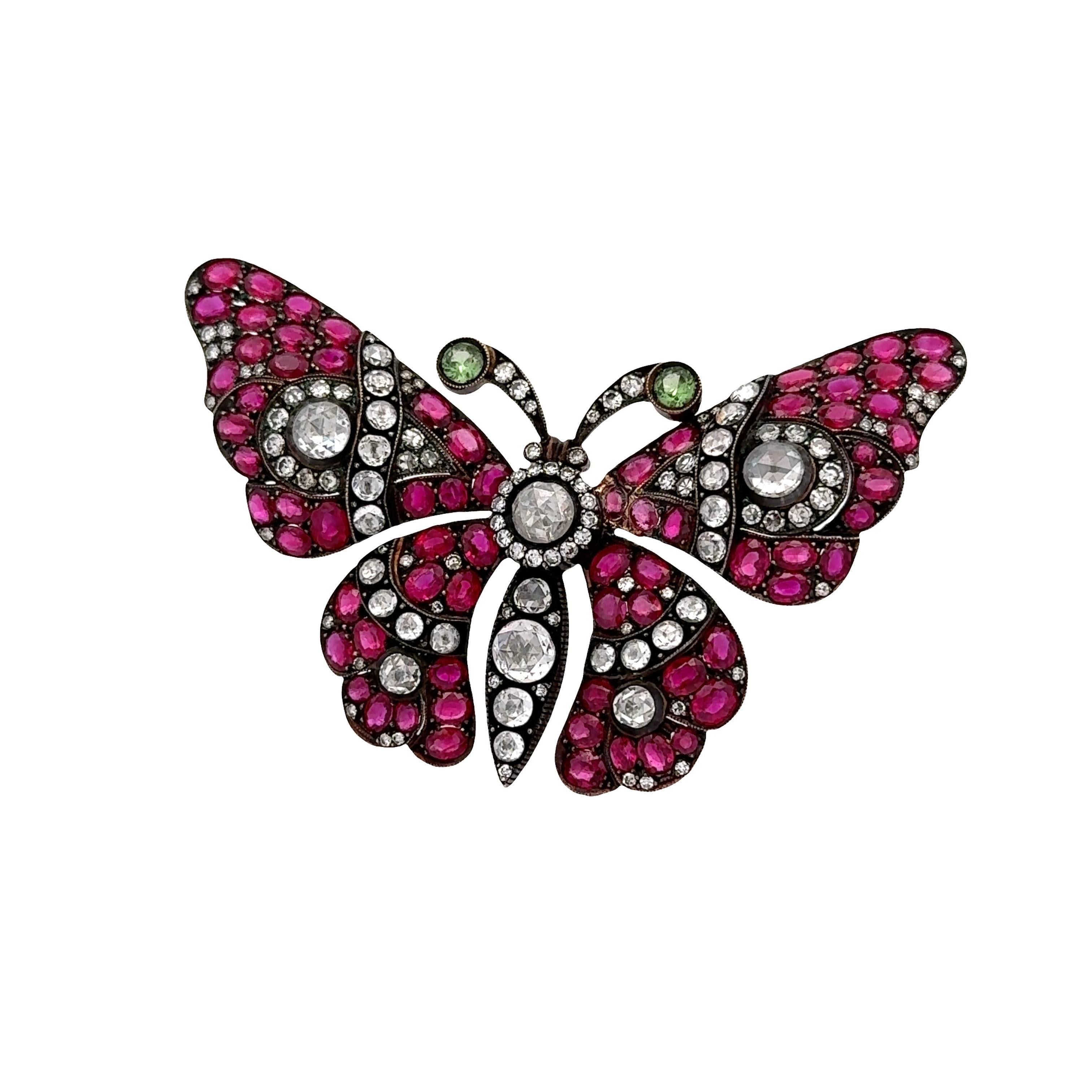 Antike Rubin & Diamant 18k Gold Schmetterling Brosche (Zeitgenössisch) im Angebot