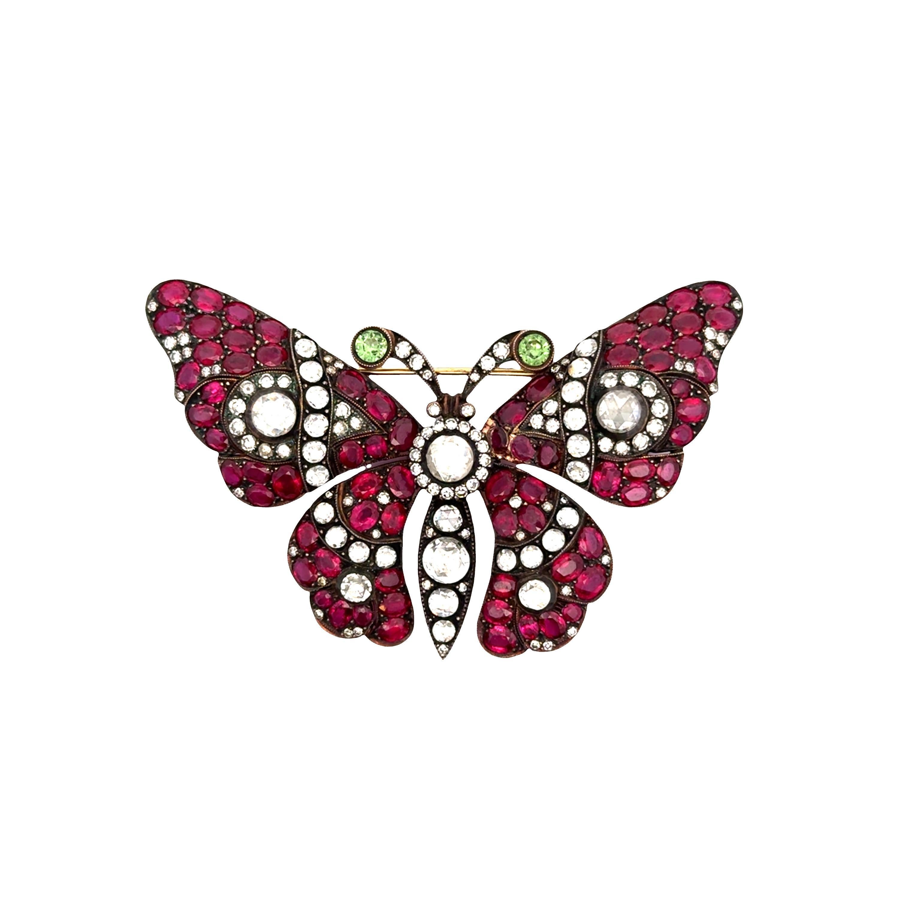 Antike Rubin & Diamant 18k Gold Schmetterling Brosche