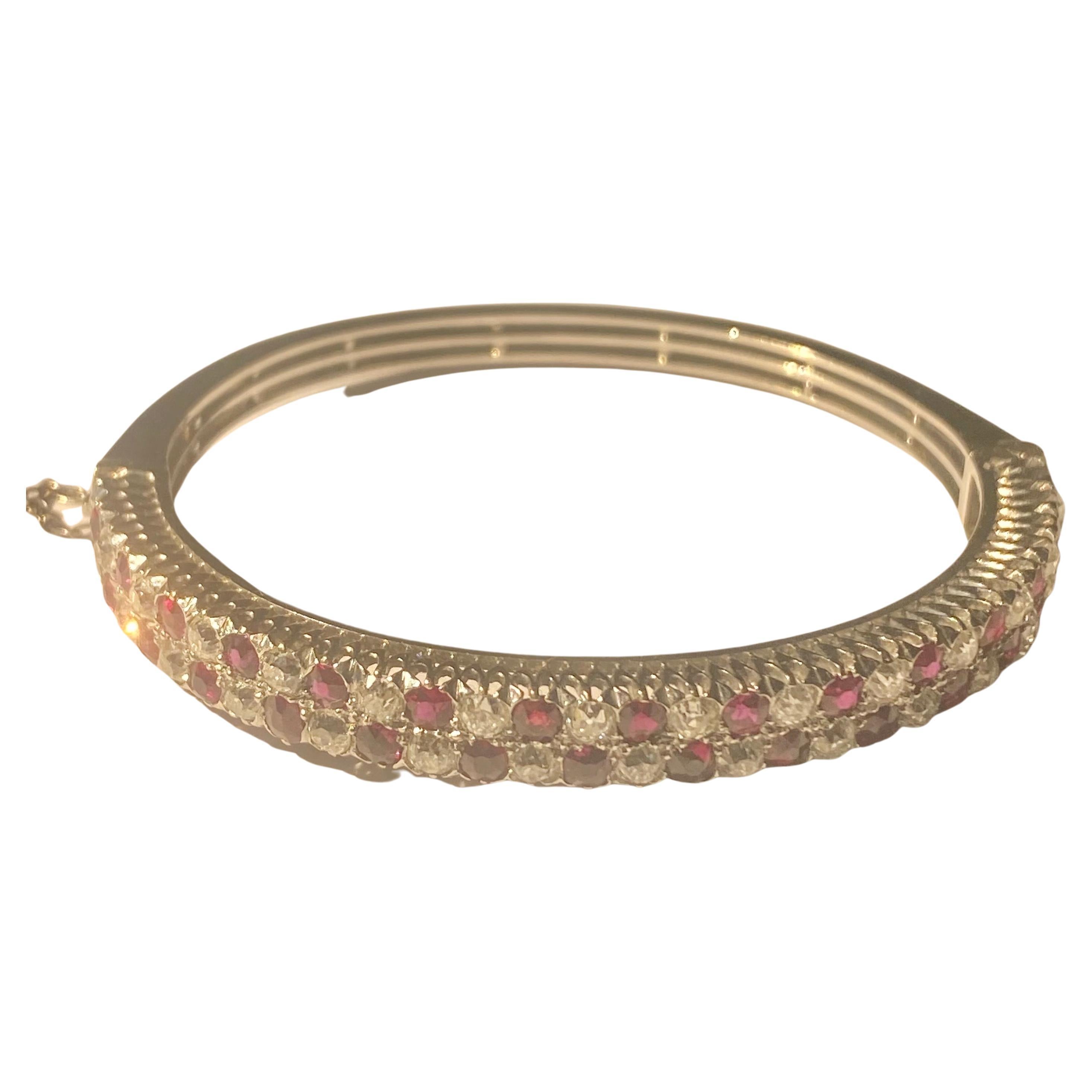 Antique Ruby Diamond 18k Gold Hinged Bangle Bracelet Circa 1900 For Sale 6