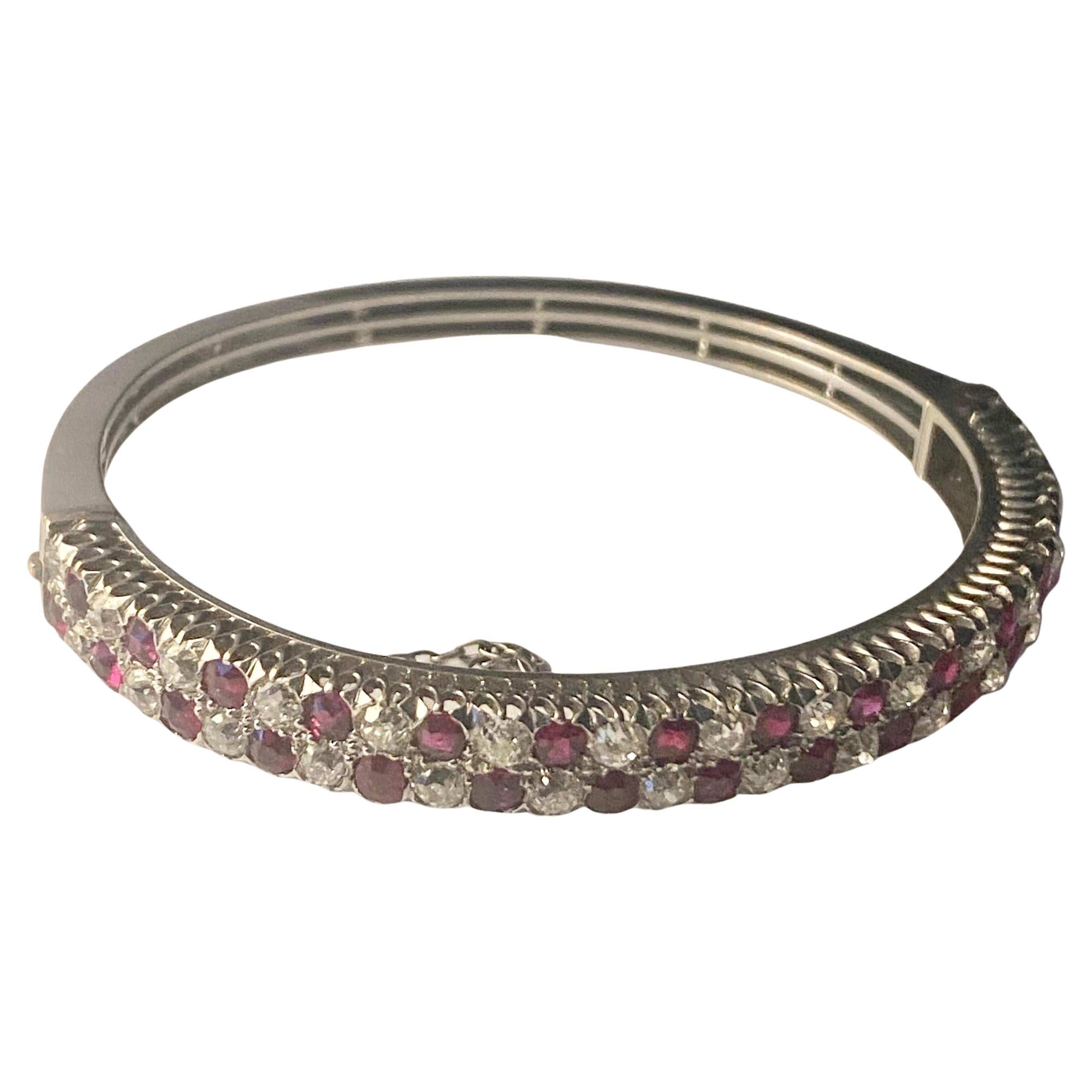 Antique Ruby Diamond 18k Gold Hinged Bangle Bracelet Circa 1900 For Sale 2