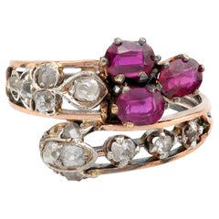 Anello antico con rubino e diamante in oro rosa 18k e argento