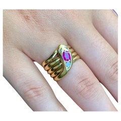 Antique Ruby Diamond 18K Yellow Gold Coiled Snake Ring, Early 20th Century