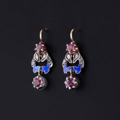 Orecchini antichi con rubini, diamanti e smalto in oro 10k e argento sterling