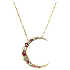 Antique Ruby Diamond and Gold Crescent Pendant, circa 1880