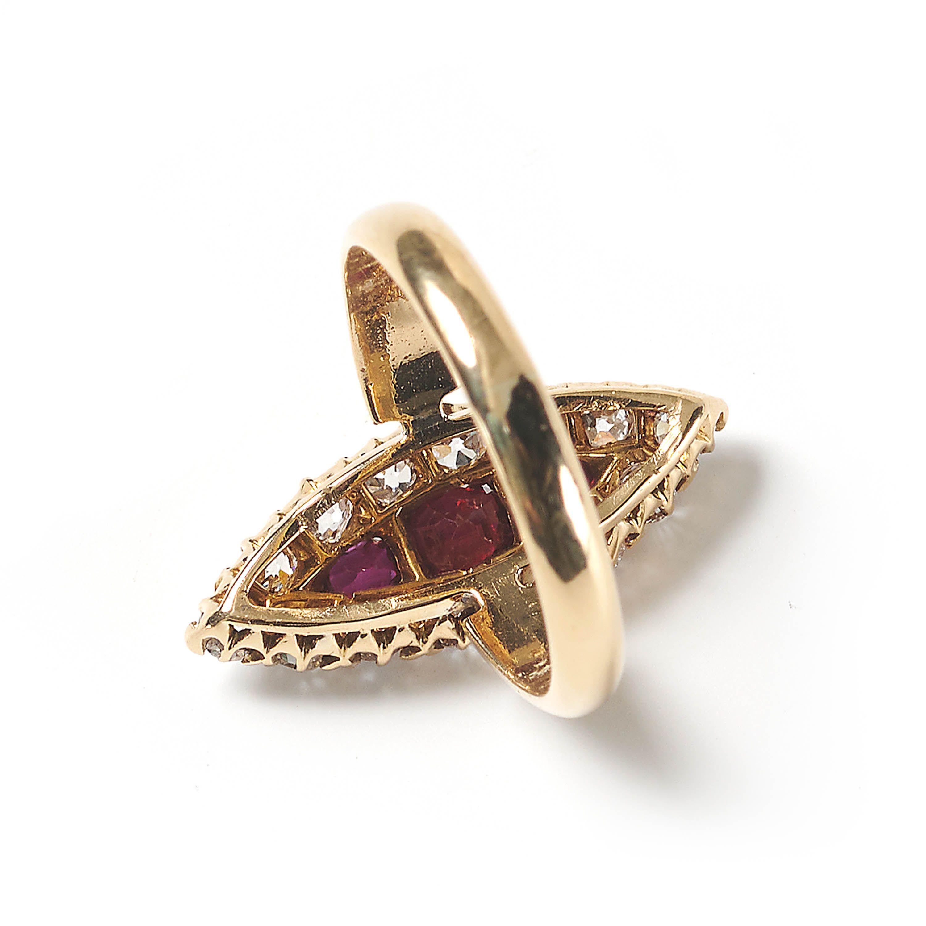 Victorian Antique Ruby, Diamond And Gold Navette Shaped Cluster Ring, Chester 1901 For Sale
