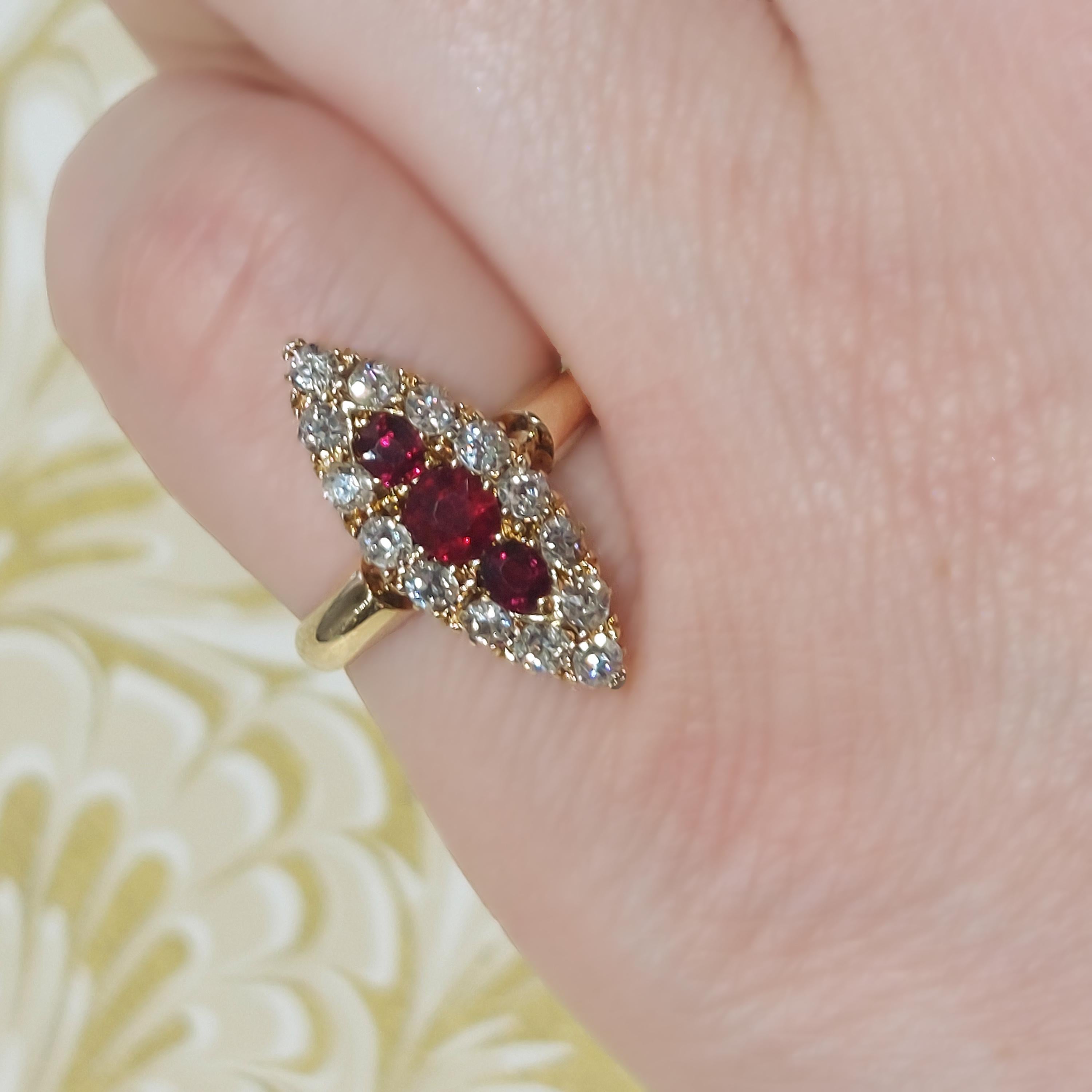 Women's Antique Ruby, Diamond And Gold Navette Shaped Cluster Ring, Chester 1901 For Sale