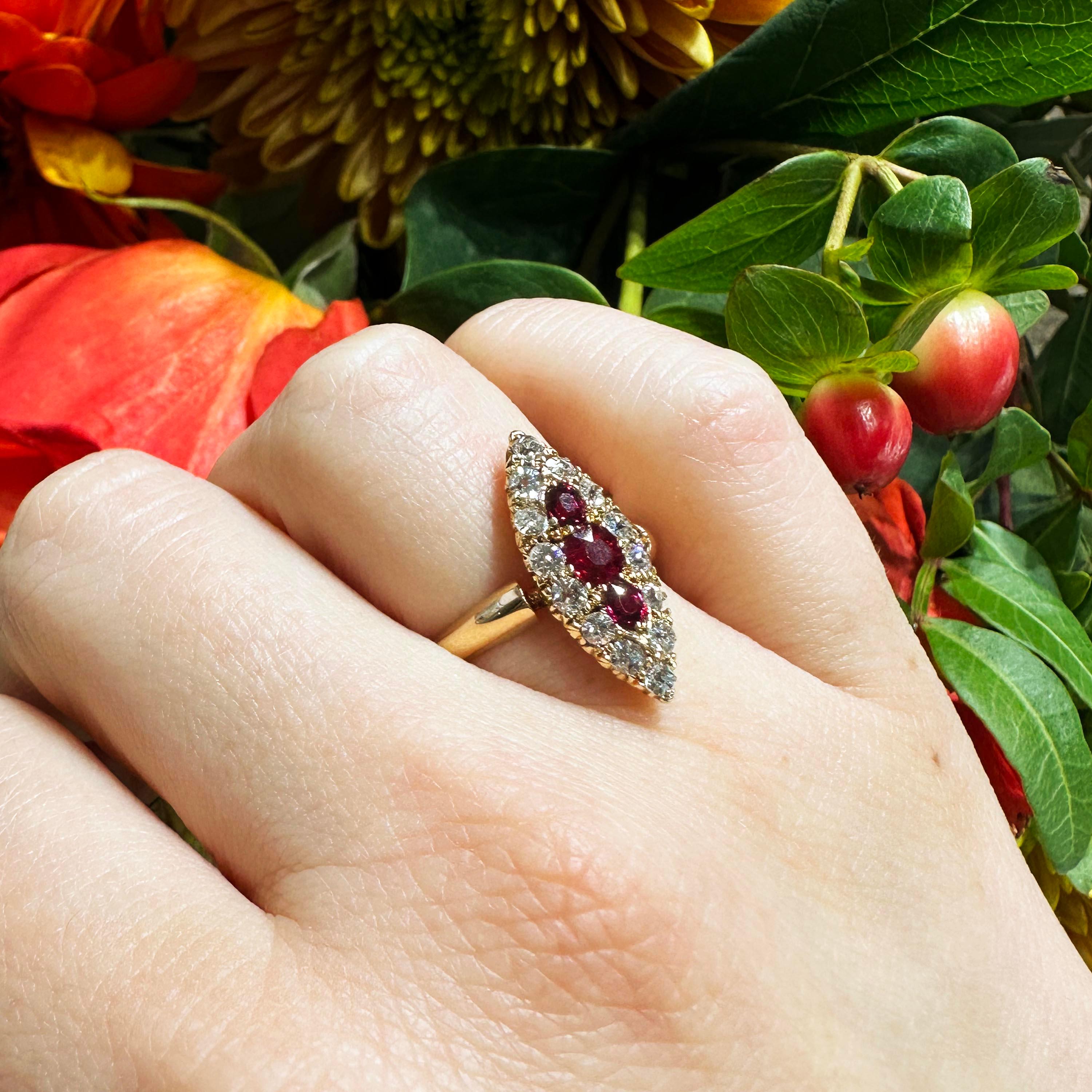 Antique Ruby, Diamond And Gold Navette Shaped Cluster Ring, Chester 1901 In Good Condition For Sale In London, GB