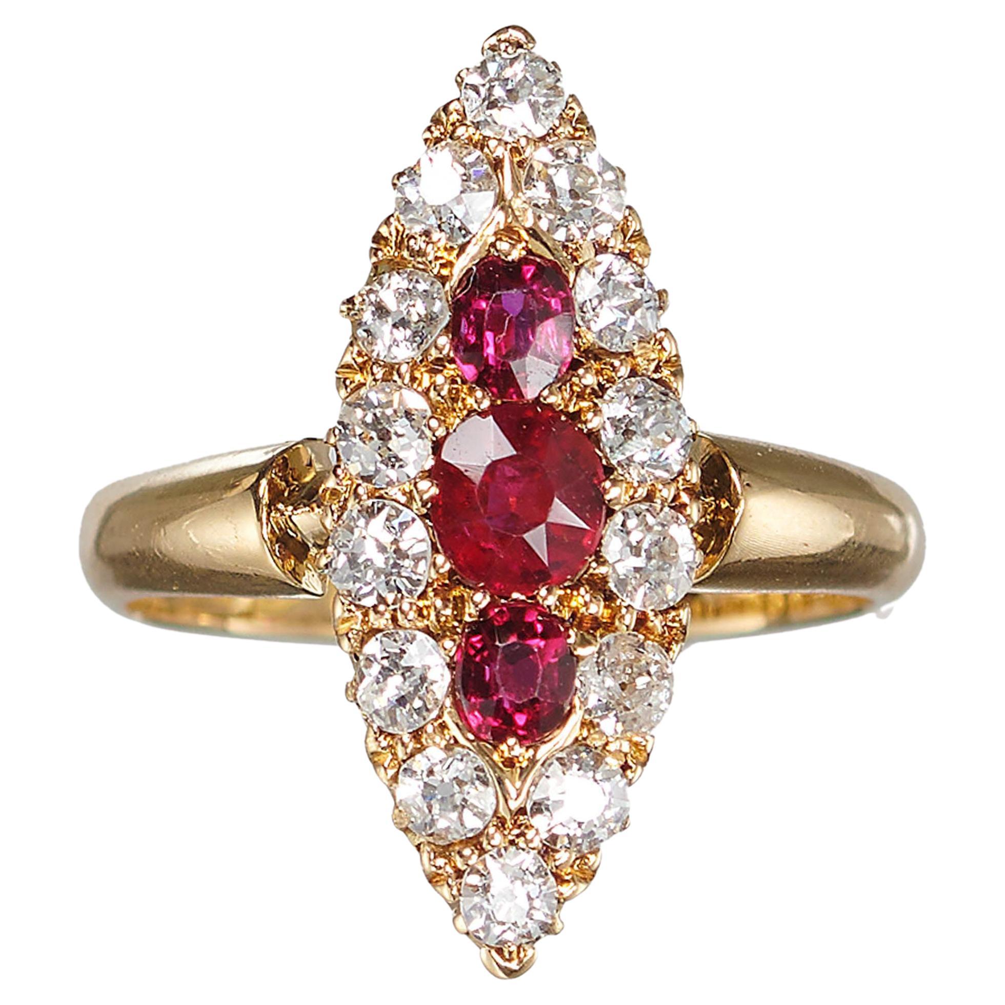 Antique Ruby, Diamond And Gold Navette Shaped Cluster Ring, Chester 1901 For Sale