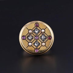 Antique Ruby, Diamond and Pearl Button Ring of 18k Gold