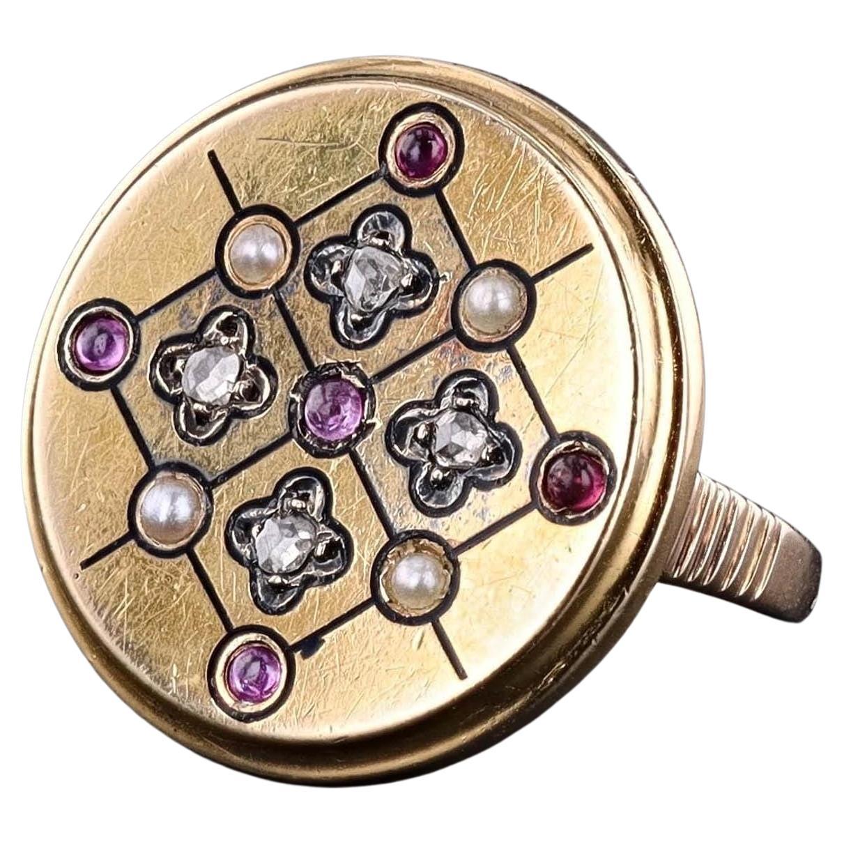 Antique Ruby, Diamond and Pearl Button Ring of 18k Gold