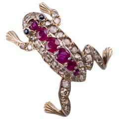 Antique Ruby Diamond and Sapphire Cute Frog Brooch 14 Karat Gold