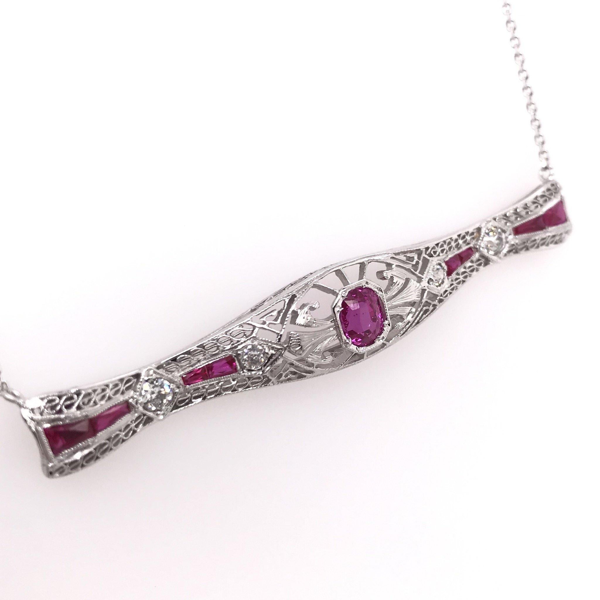 Art Deco Antique Ruby and Diamond Bar Pin Necklace Conversion