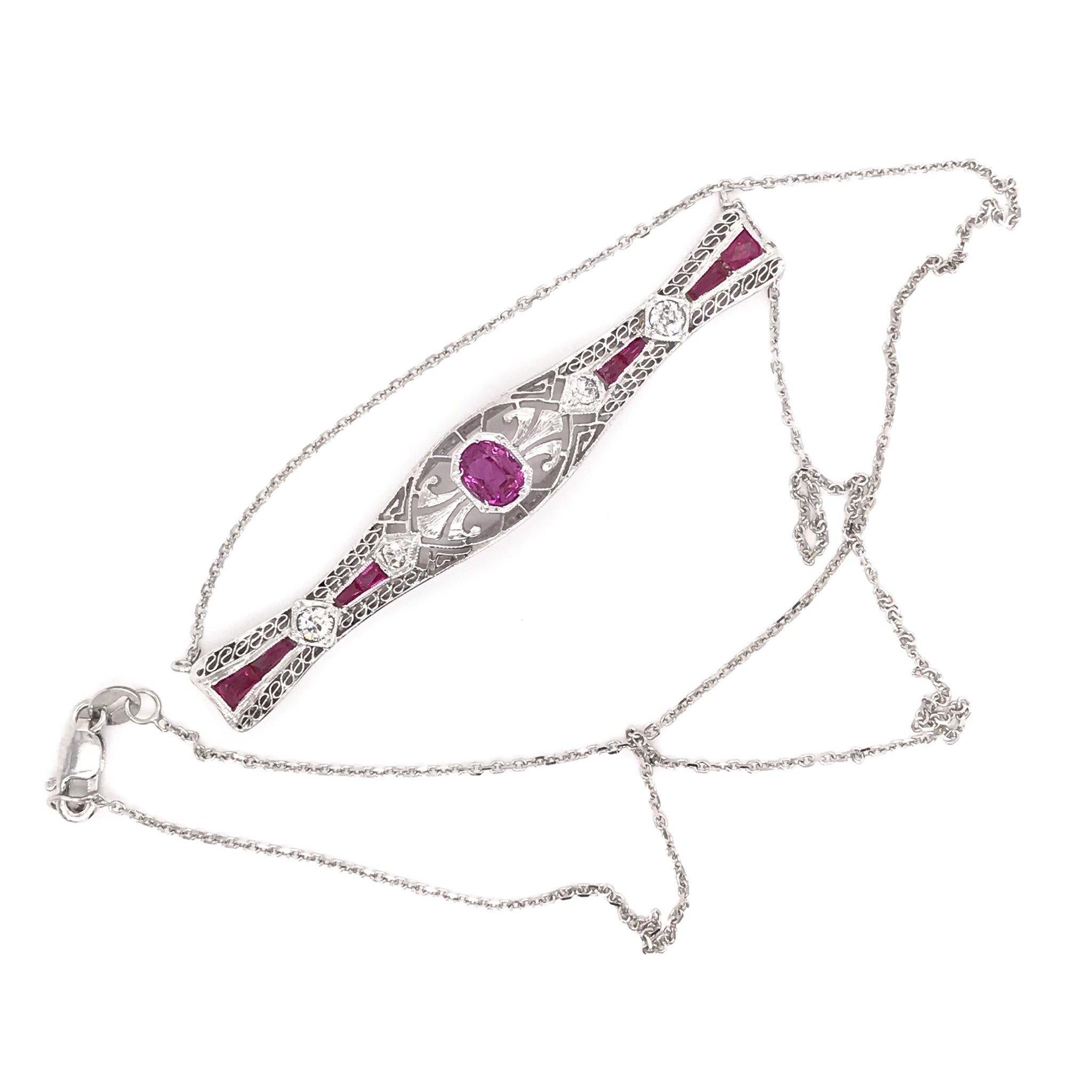 Oval Cut Antique Ruby and Diamond Bar Pin Necklace Conversion