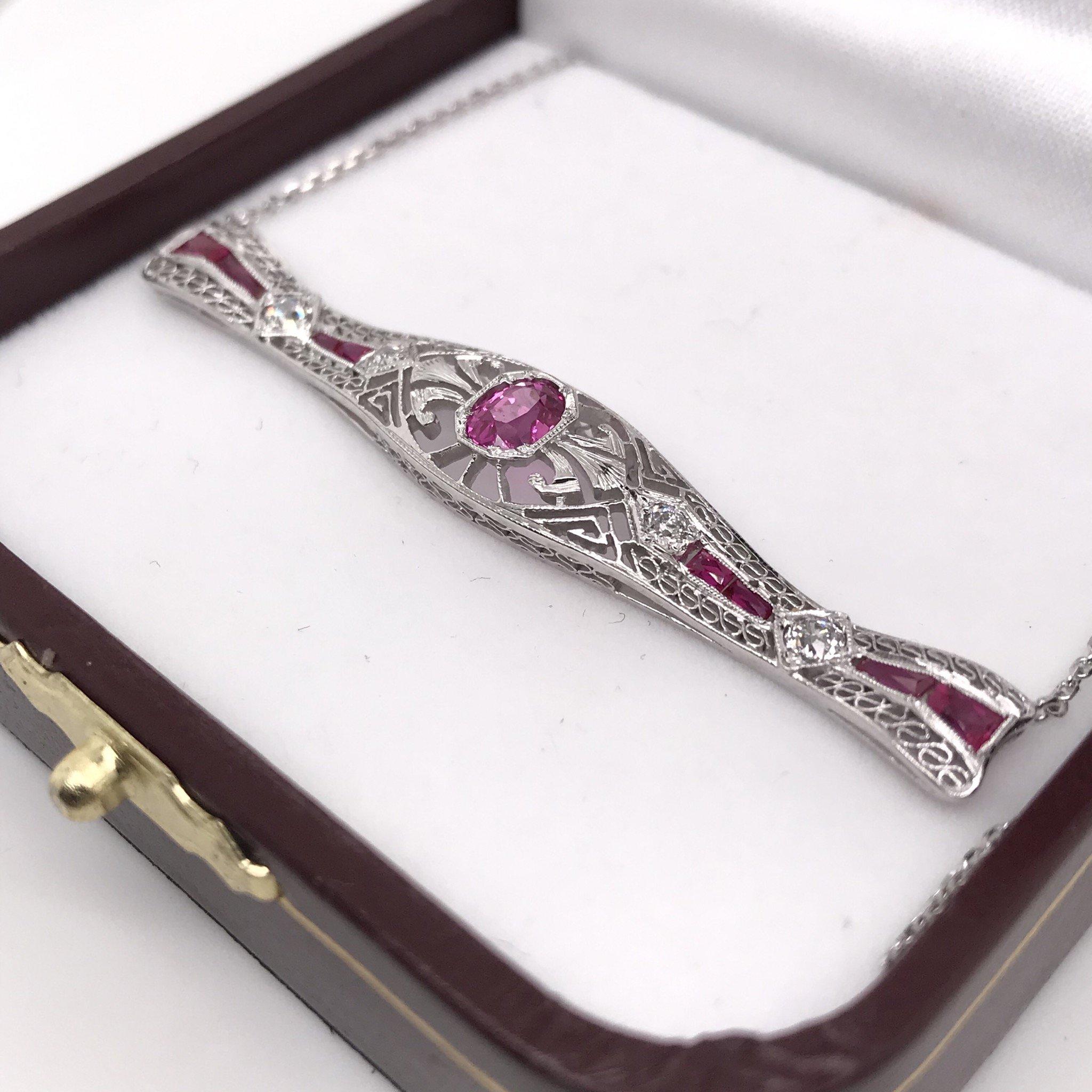 Antique Ruby and Diamond Bar Pin Necklace Conversion In Good Condition In Montgomery, AL