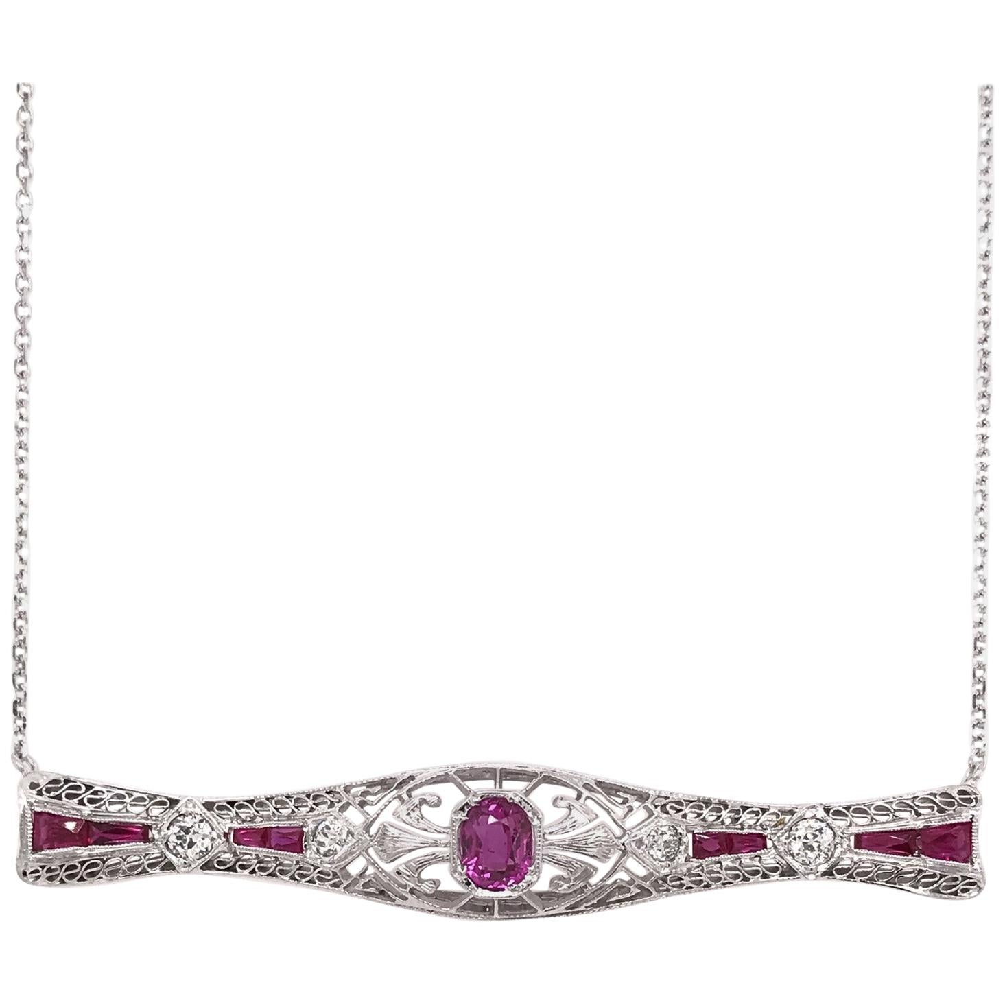 Antique Ruby and Diamond Bar Pin Necklace Conversion