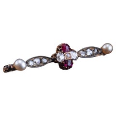 Antique Ruby & Diamond Brooch 14ct Gold with Pearl Accents - c.1900
