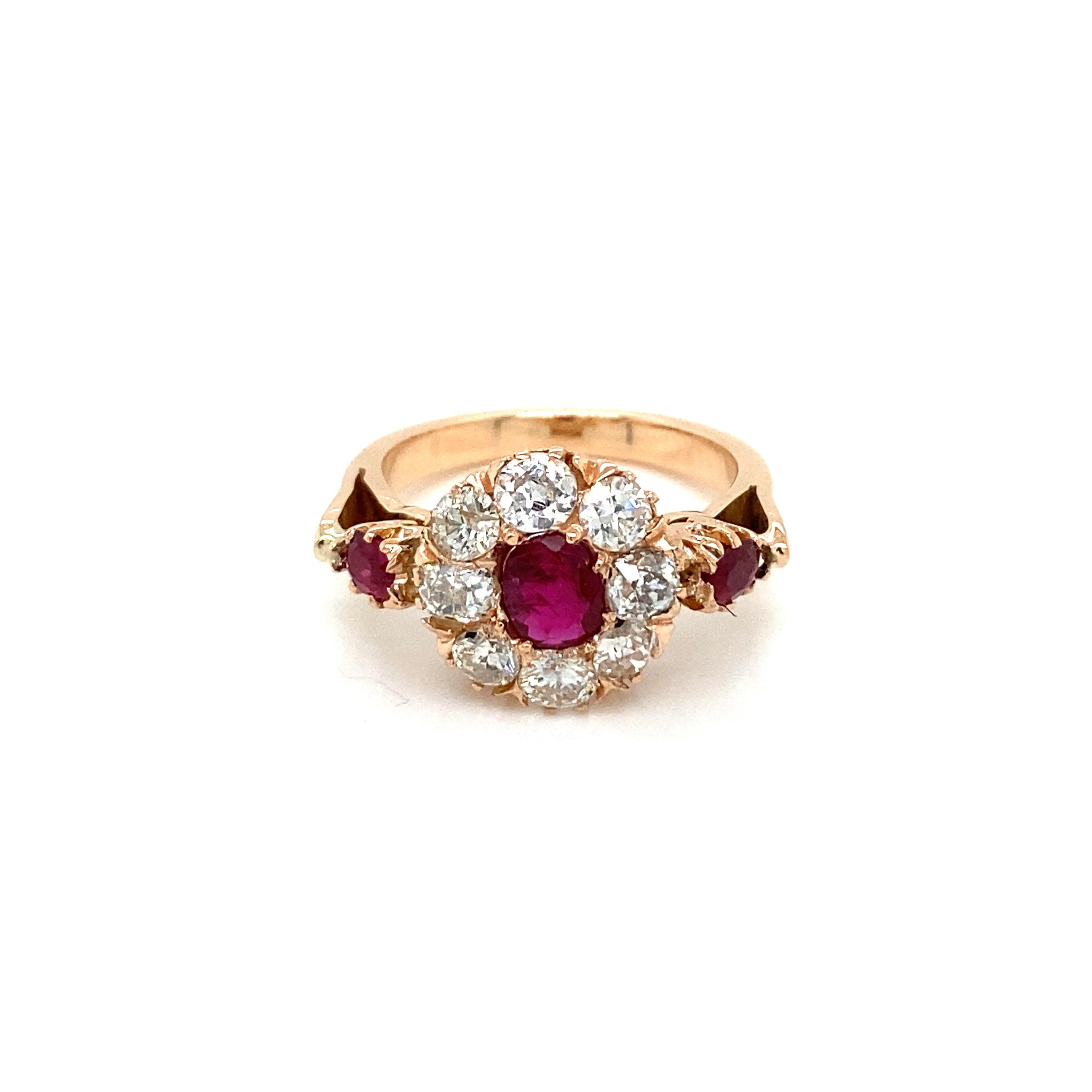 Mixed Cut Antique Ruby Diamond Cluster Ring
