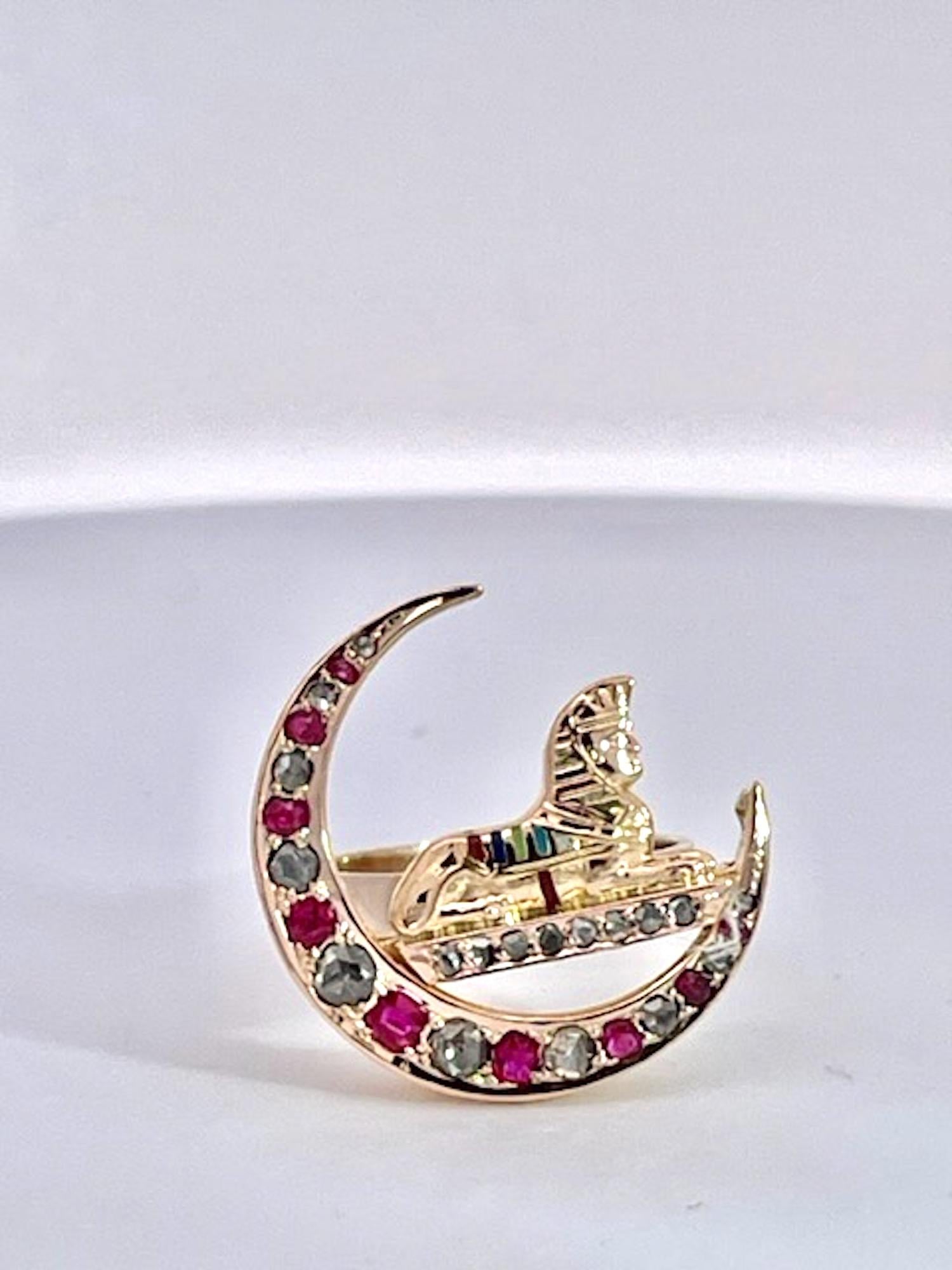 Round Cut Antique Ruby Diamond Crescent Egyptian ring 5.75 For Sale