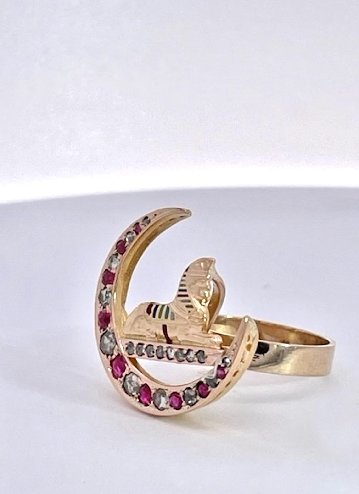 Antique Ruby Diamond Crescent Egyptian ring 5.75 In Good Condition For Sale In North Hollywood, CA