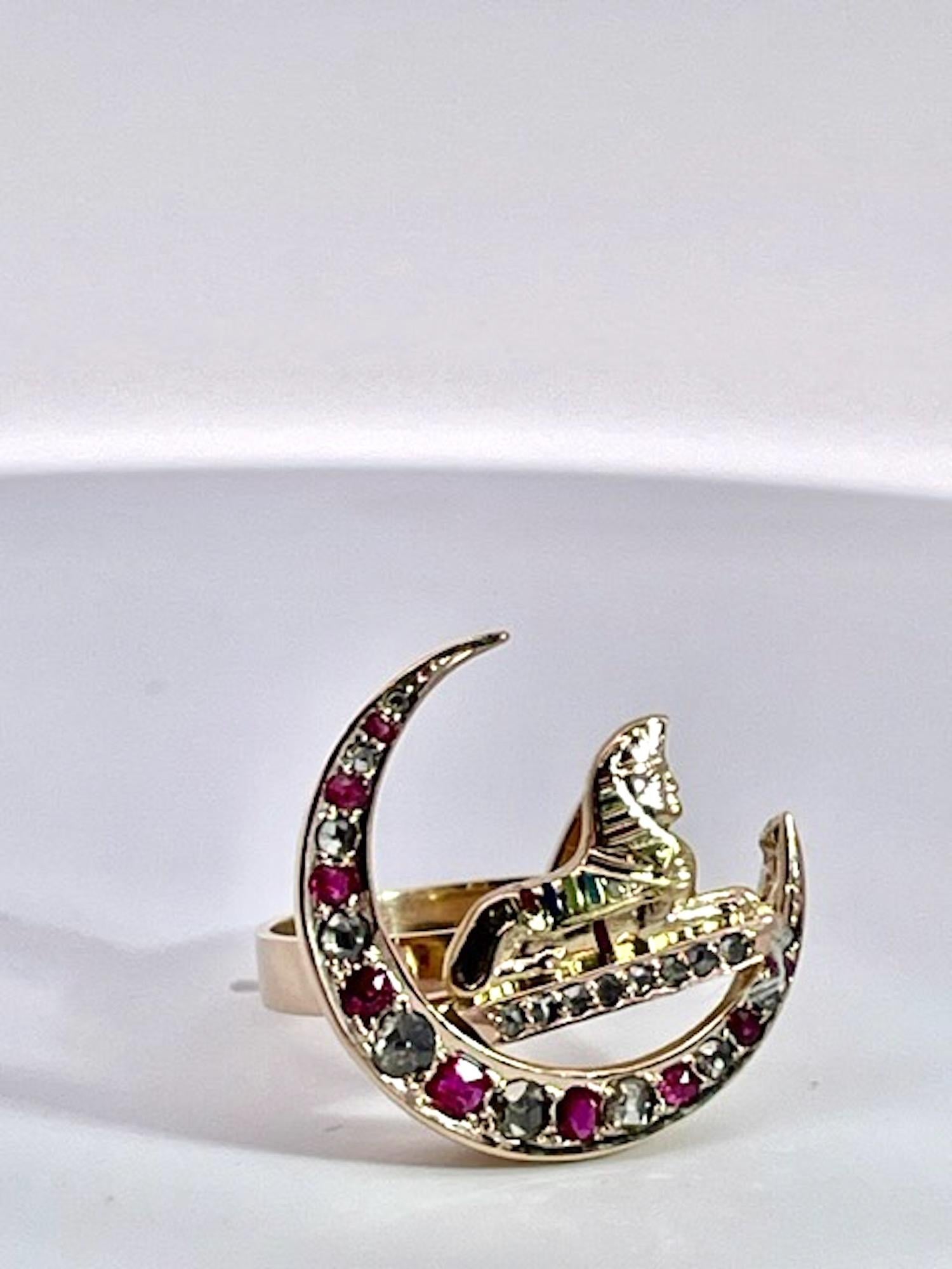 Antique Ruby Diamond Crescent Egyptian ring 5.75 For Sale 2