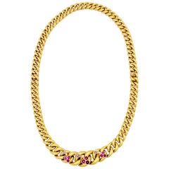 Antique 18 Karat Ruby Diamond Curb Link Gold Necklace Bracelets Clover Trefoil