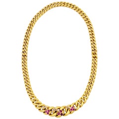 Antike 18 Karat Rubin Diamant Curb Link Gold Halskette Armbänder Kleeblatt