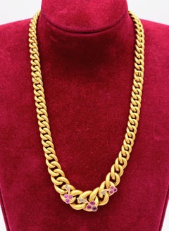 Antique 18 Karat Ruby Diamond Curb Link Gold Necklace Bracelets Clover Trefoil