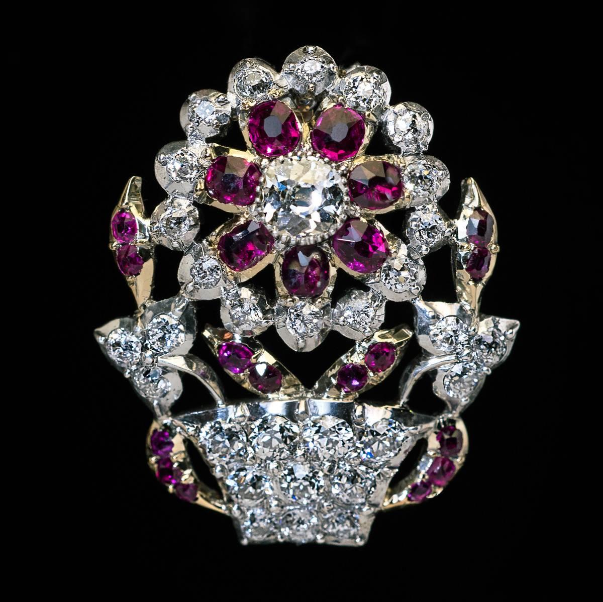 Victorian Antique Ruby Diamond Giardinetto Brooch Pendant For Sale