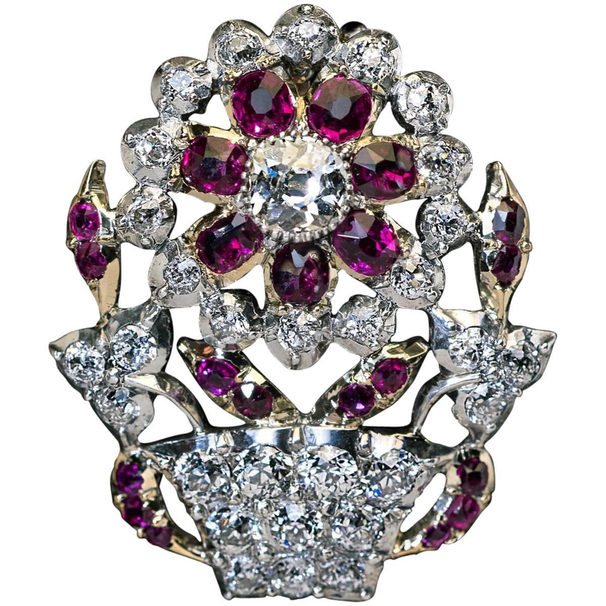 Antiker antiker Rubin-Diamant-Giardinetto-Brosche-Anhänger im Angebot