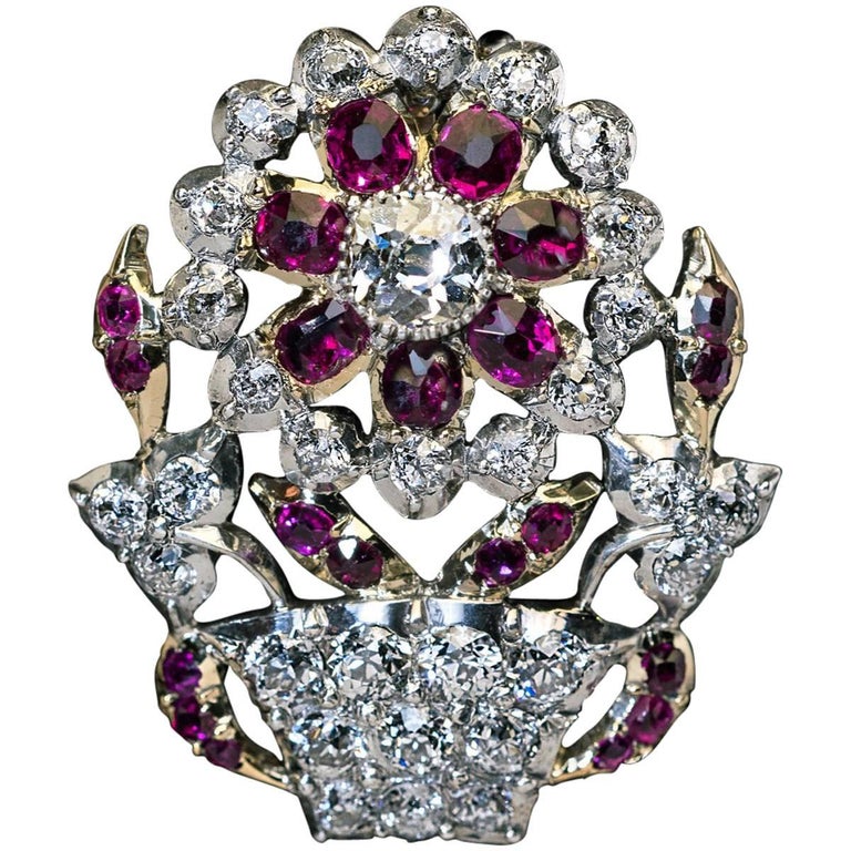 Antique Ruby Diamond Giardinetto Brooch Pendant For Sale