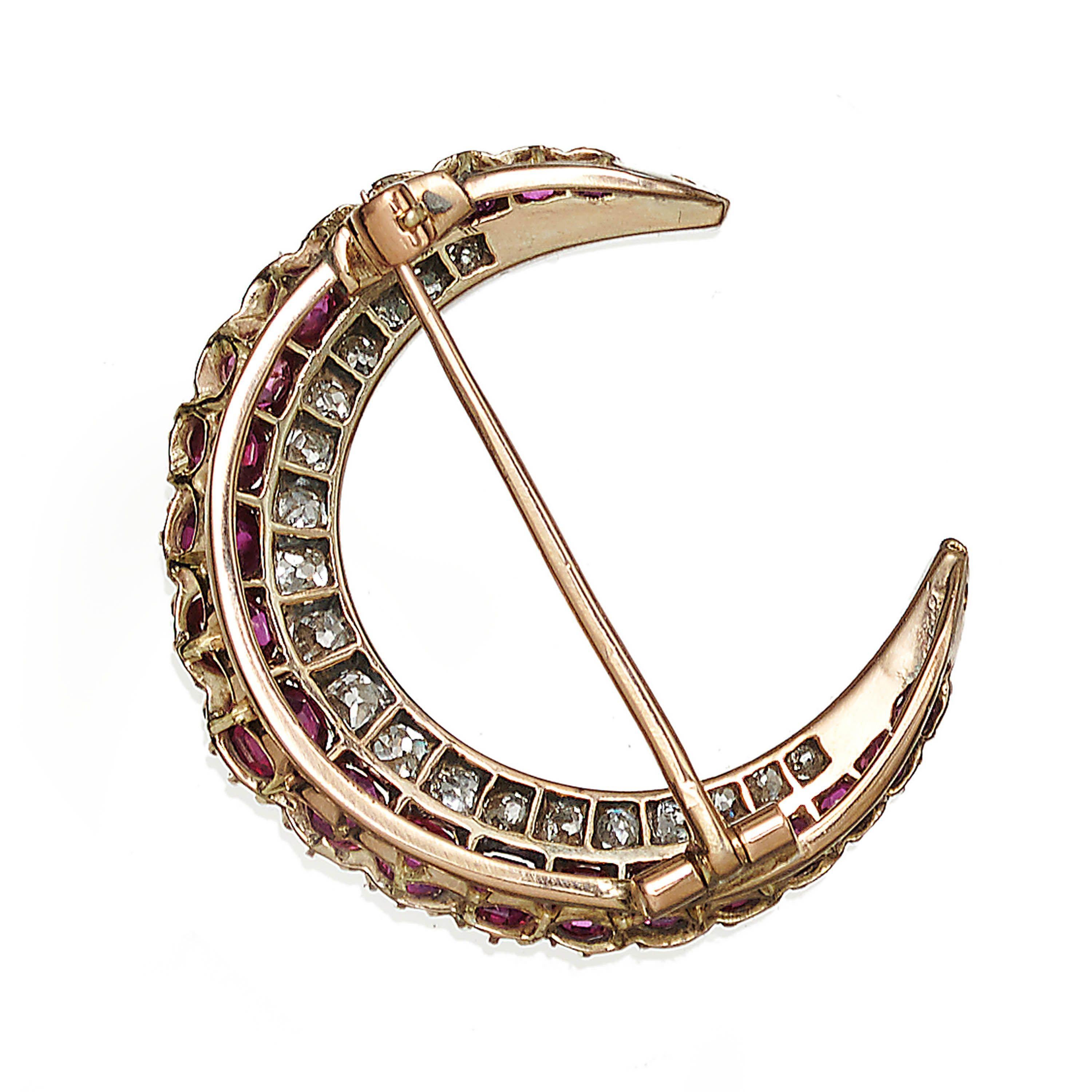 Victorian Antique Ruby, Diamond, Gold And Silver Crescent Brooch, Circa 1900 For Sale