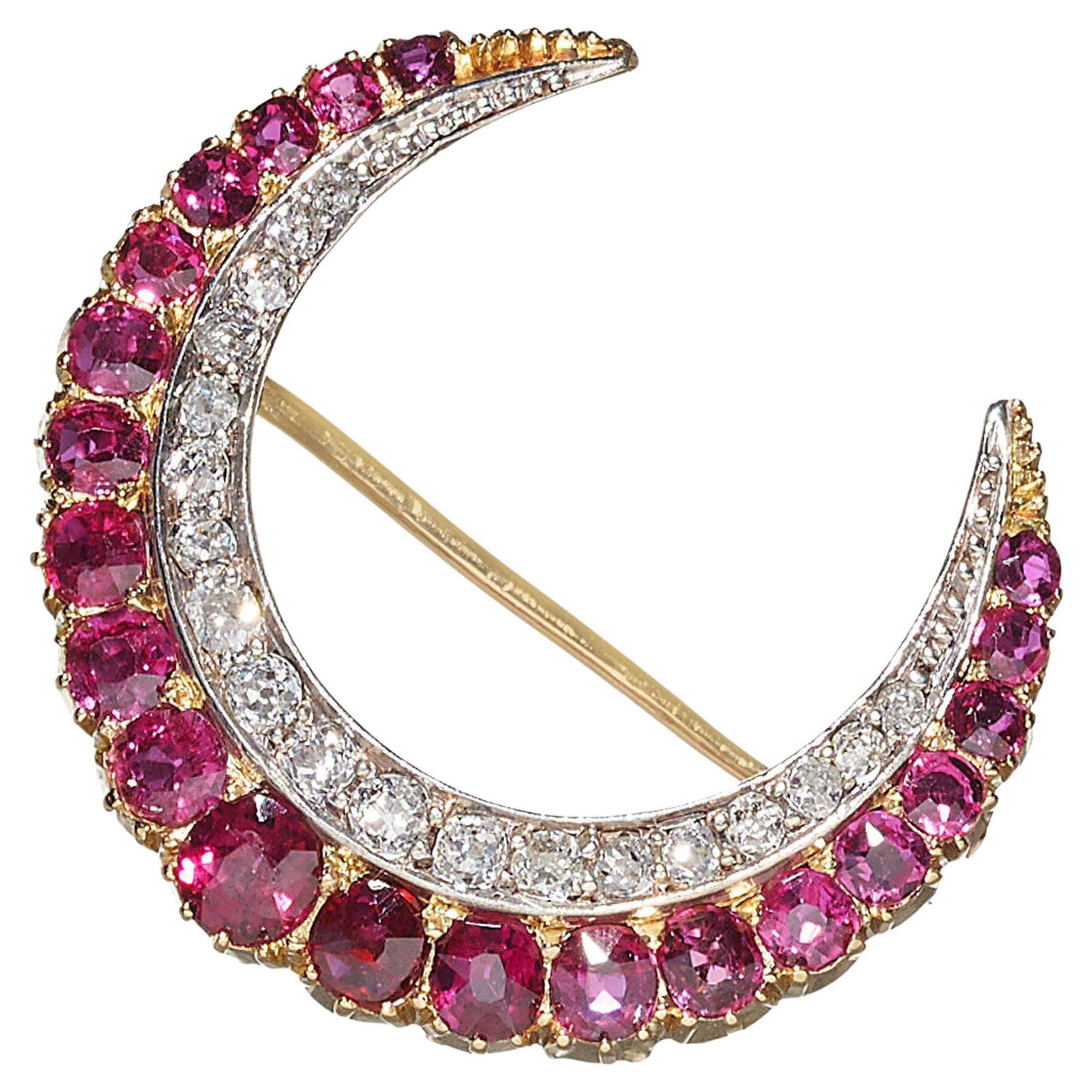 Antique Ruby, Diamond, Gold And Silver Crescent Brooch, Circa 1900 For Sale