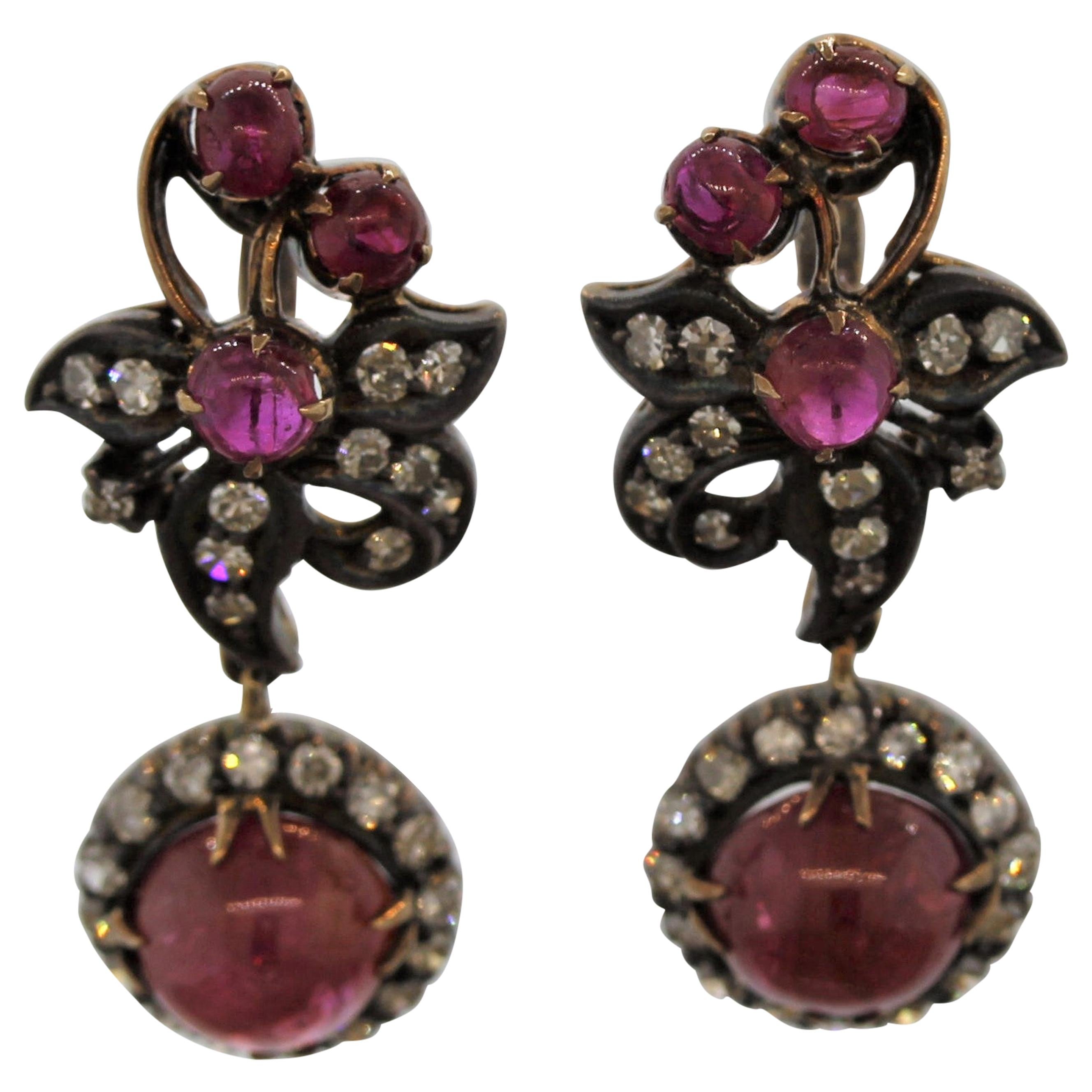 Antique Ruby Diamond Gold and Silver-Topped Drop Earrings