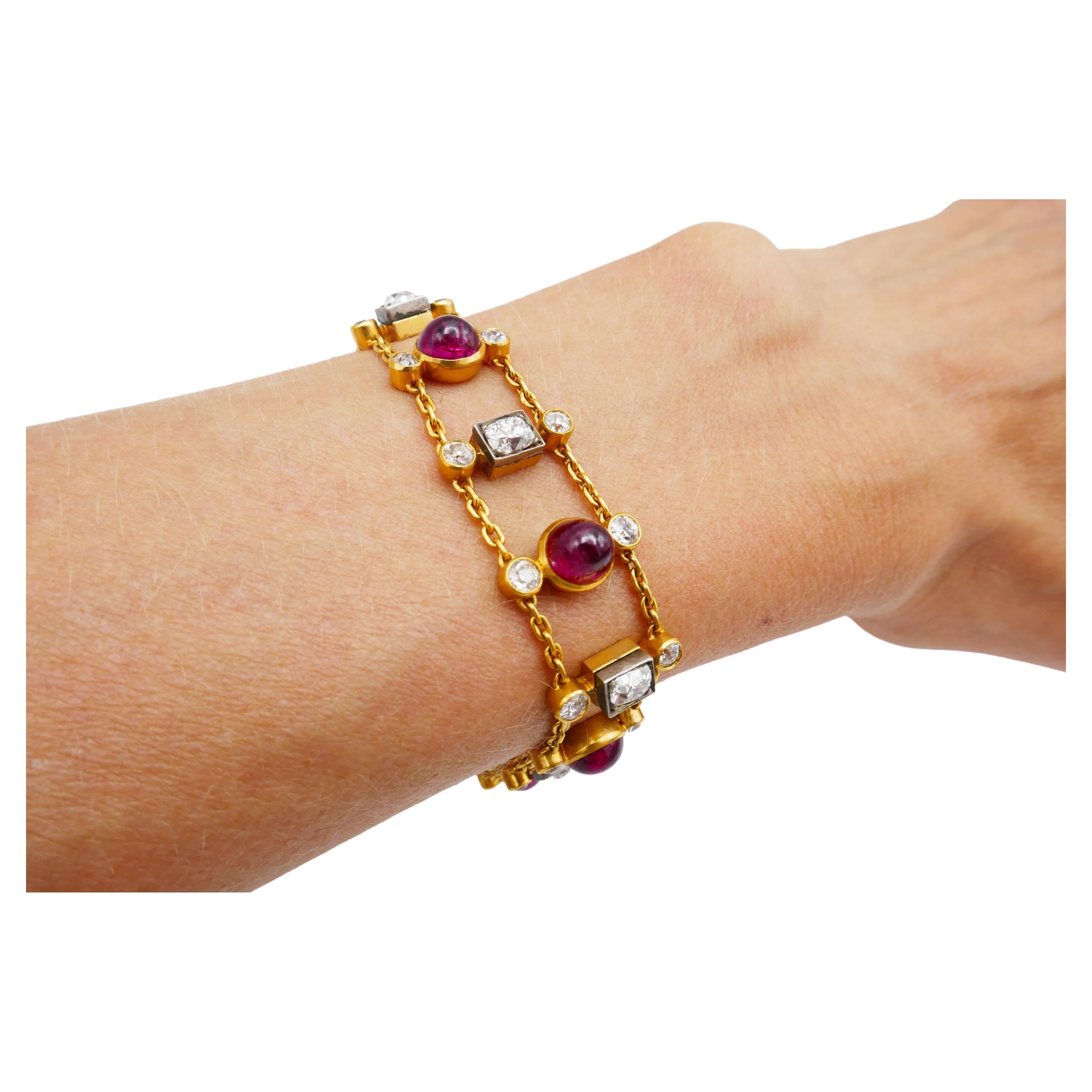 Antikes Rubin-Diamant-Goldkette-Armband (Alteuropäischer Brillantschliff)