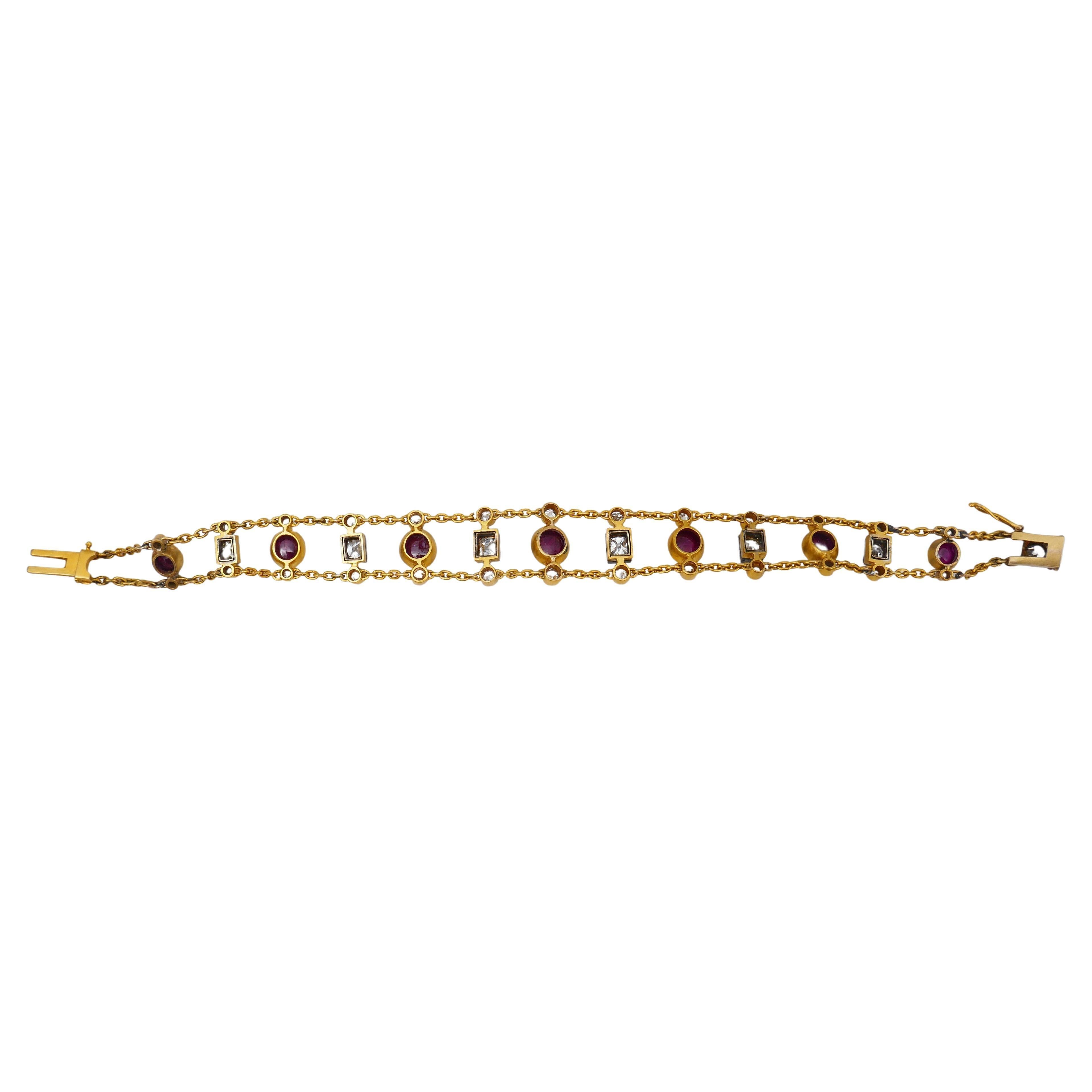 Antique Ruby Diamond Gold Chain Bracelet In Excellent Condition In Beverly Hills, CA