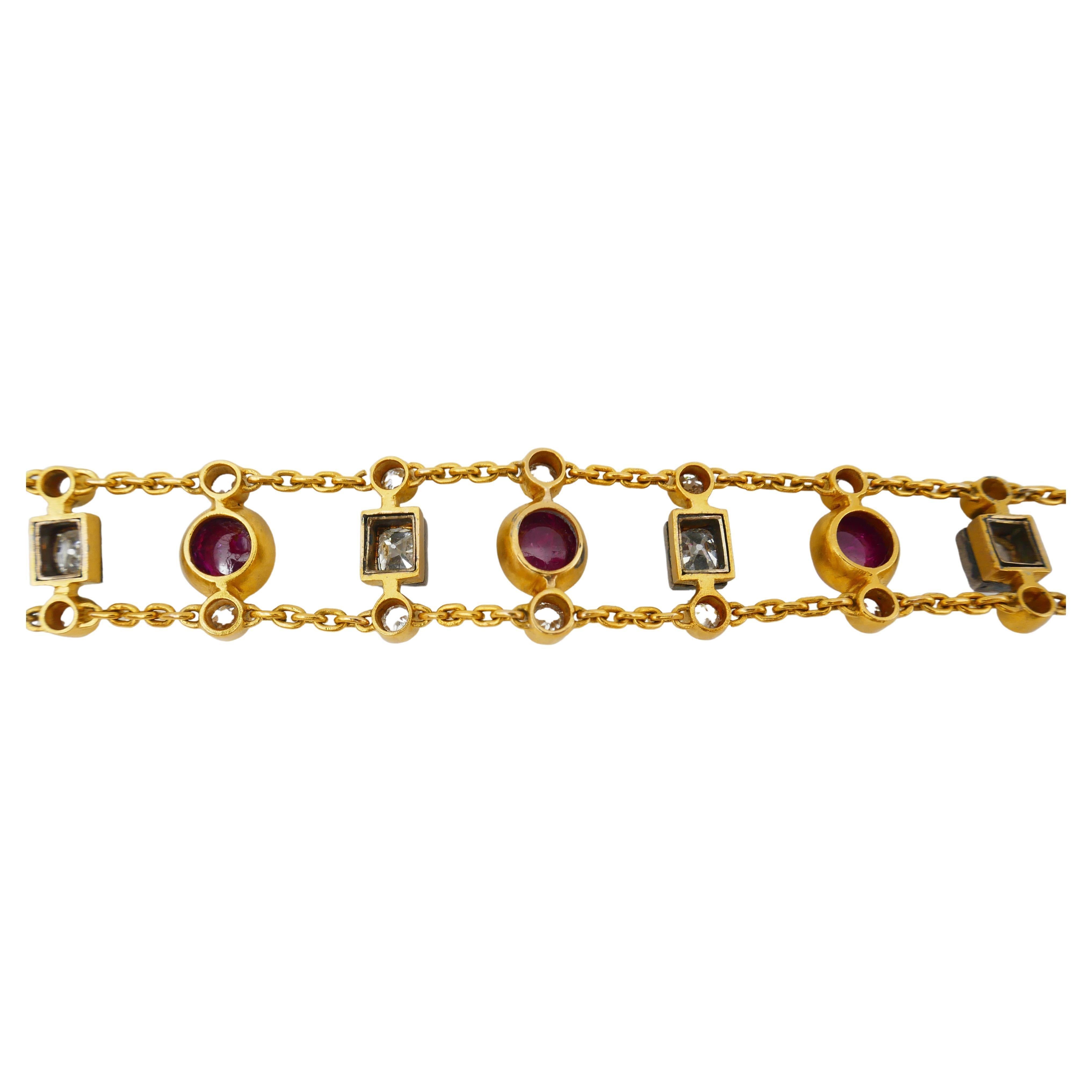 Women's Antique Ruby Diamond Gold Chain Bracelet